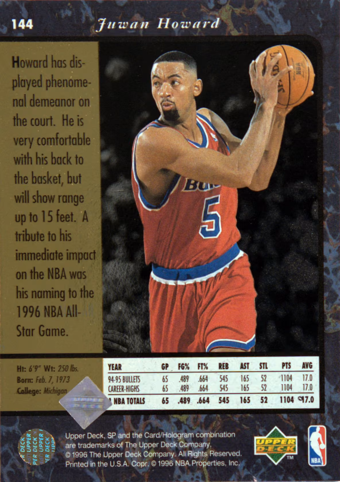 Back scan of 1997-98 SP Authentic Juwan Howard showing stats for Washington Bullets - Juwan Howard Collector Private Collection