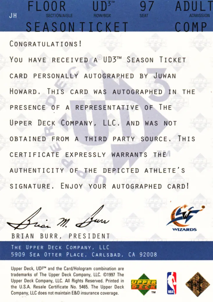 Back view of Juwan Howard 1997-98 UD3 #JH showing stats for Washington Bullets