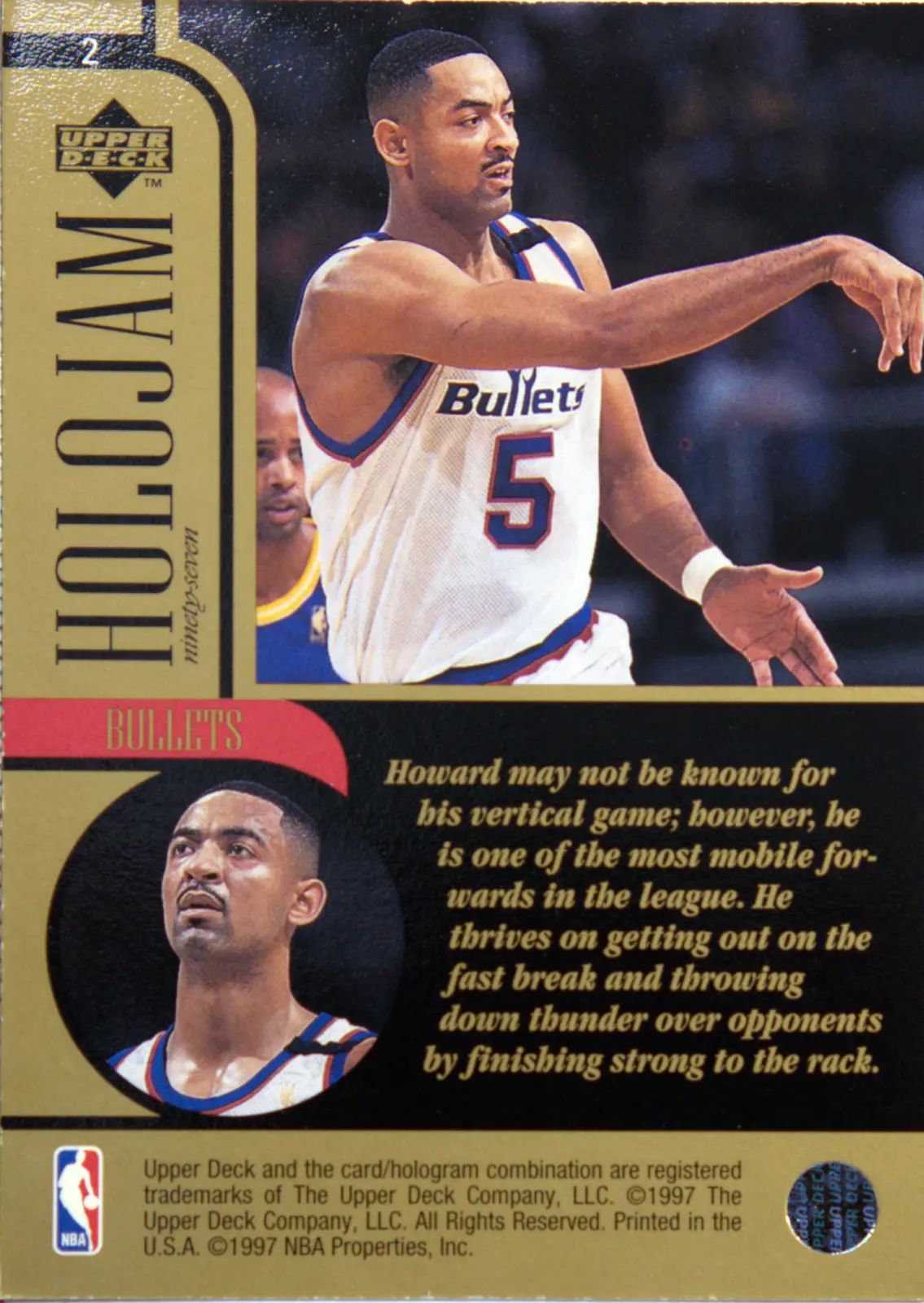 Back view of Juwan Howard 1997-98 Upper Deck #2 showing stats for Washington Bullets