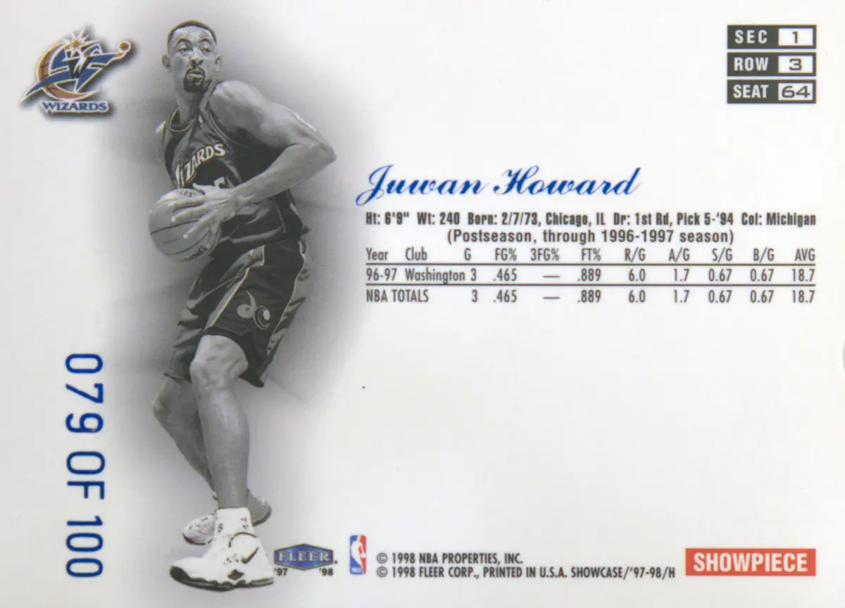 Back view of Juwan Howard 1997-98 Flair Showcase #ROW 3 SEAT 64 showing stats for Washington Wizards