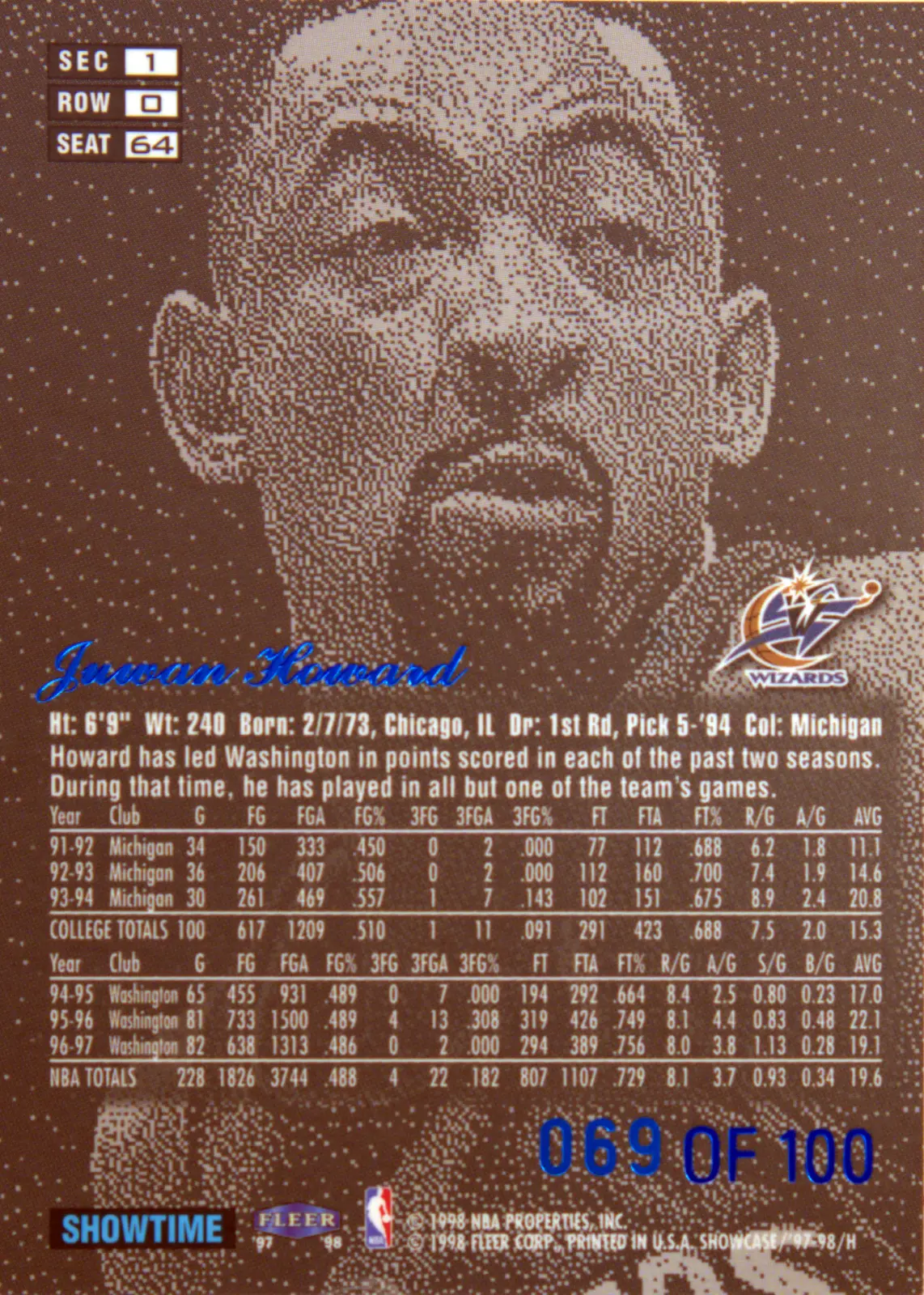 Back view of Juwan Howard 1997-98 Flair Showcase #ROW 0 SEAT 64 showing stats for Washington Wizards