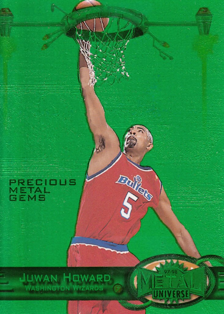 Front view of Juwan Howard 1997-98 Fleer Metal Universe #33 basketball card - Precious Metal Gems Green edition (Washington Wizards)