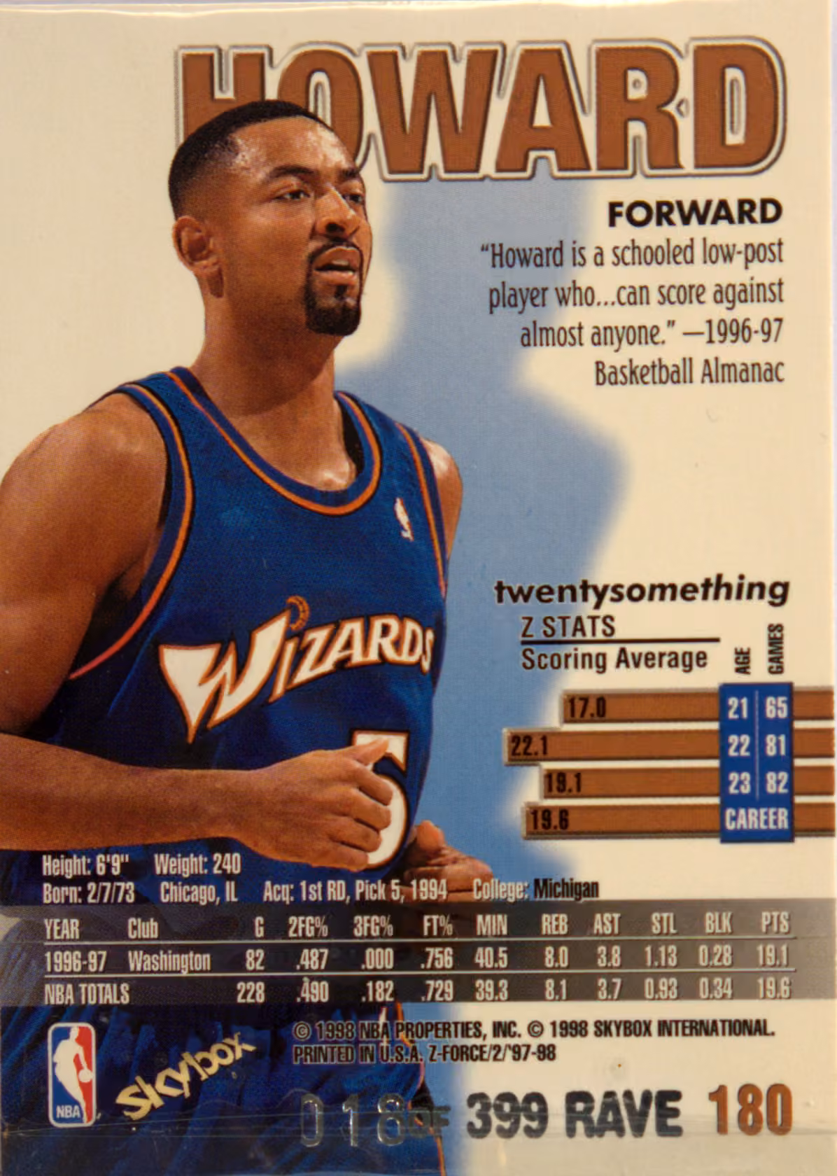 Back scan of 1997-98 SkyBox Z-Force Juwan Howard showing stats for Washington Wizards - Juwan Howard Collector Private Collection