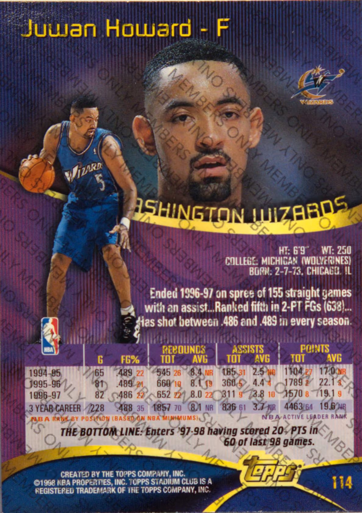Back scan of 1997-98 Topps Stadium Club Juwan Howard showing stats for Washington Wizards - Juwan Howard Collector Private Collection