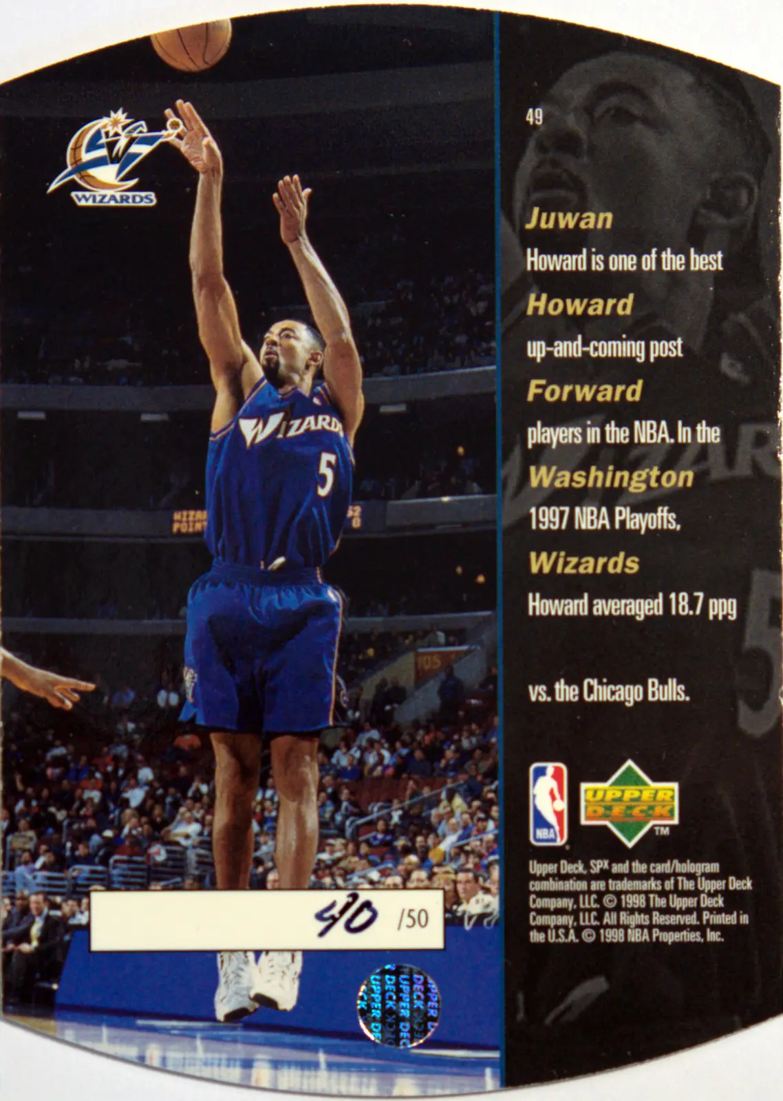 Back view of Juwan Howard 1997-98 SPx #49 showing stats for Washington Wizards