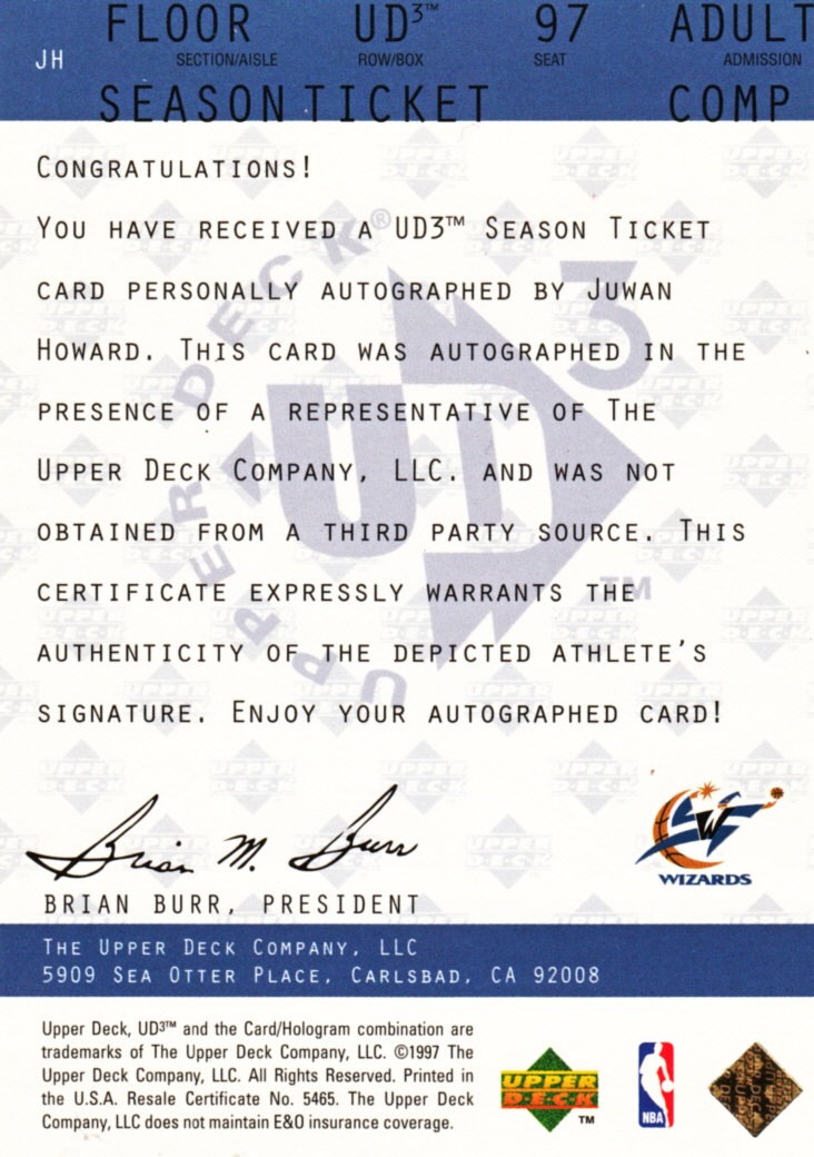 Back view of Juwan Howard 1997-98 UD3 #JH showing stats for Washington Wizards