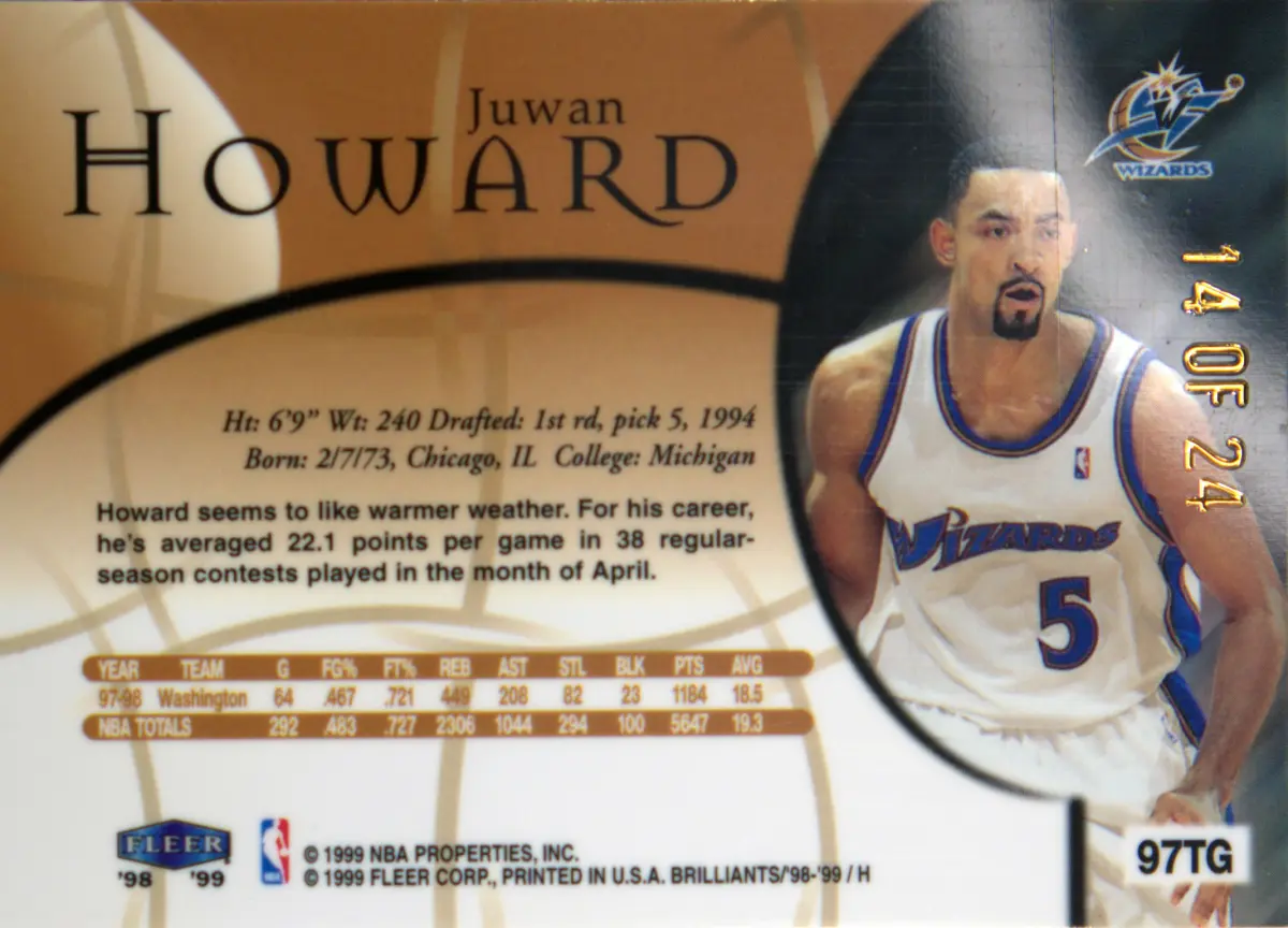 Back view of Juwan Howard 1998-99 Fleer Brilliants #97TG showing stats for Washington Wizards