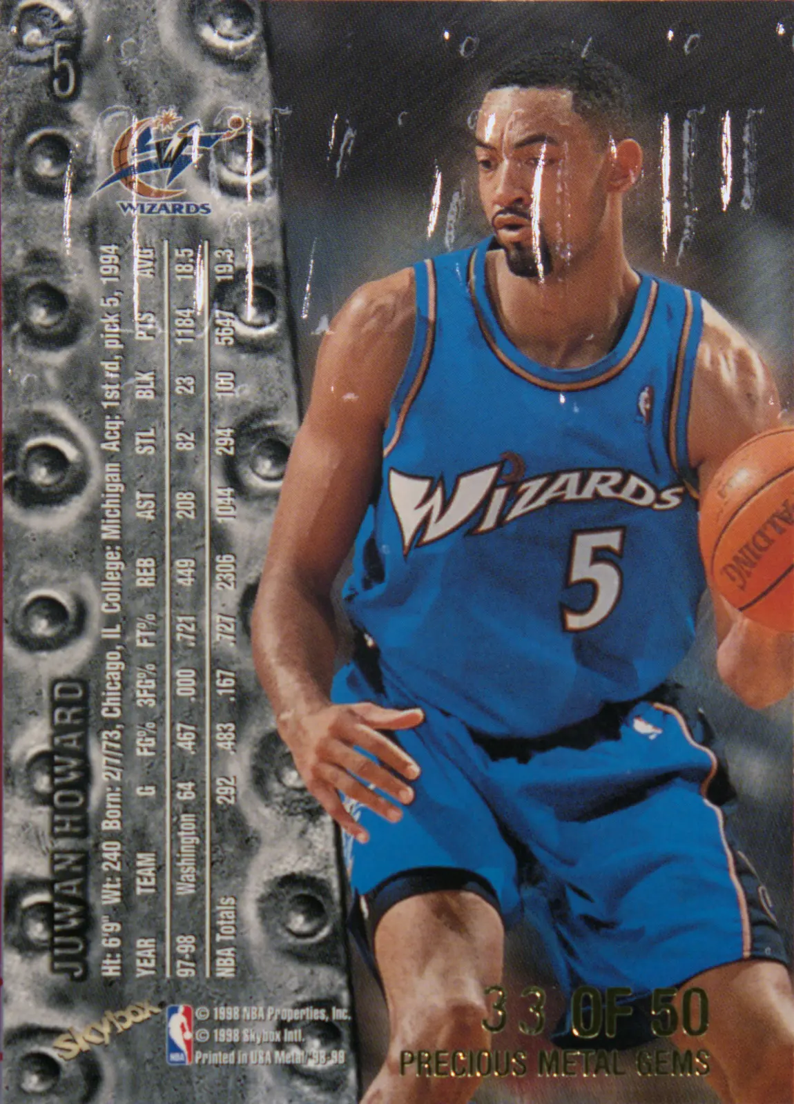 Back view of Juwan Howard 1998-99 Fleer Metal Universe #5 showing stats for Washington Wizards