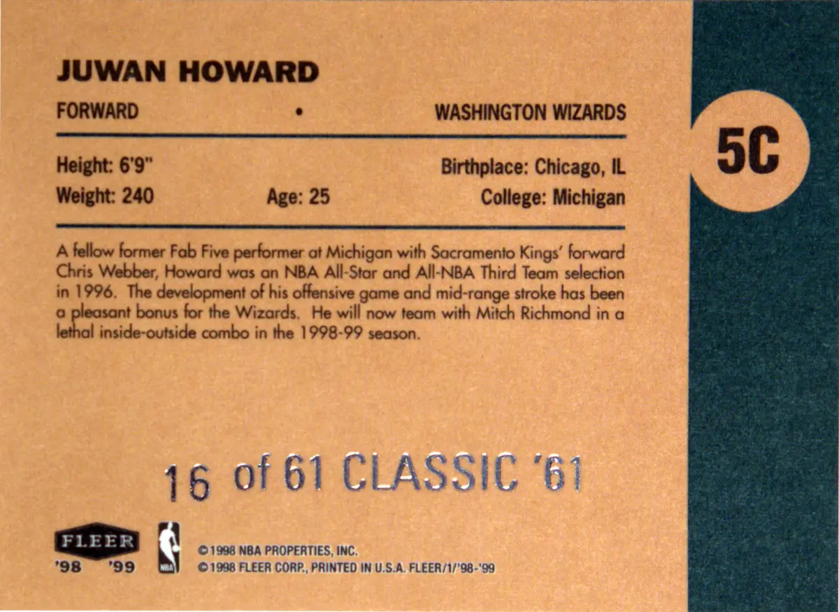 Back view of Juwan Howard 1998-99 Fleer Vintage 61 #5C showing stats for Washington Wizards