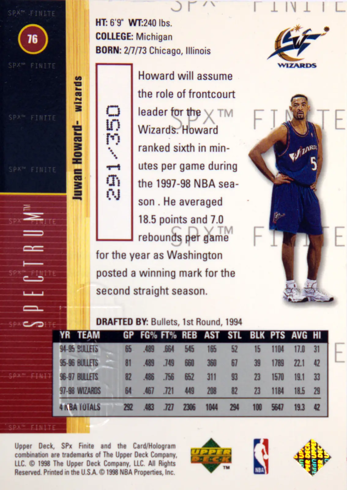 Back view of Juwan Howard 1998-99 SPx Finite #76 showing stats for Washington Wizards