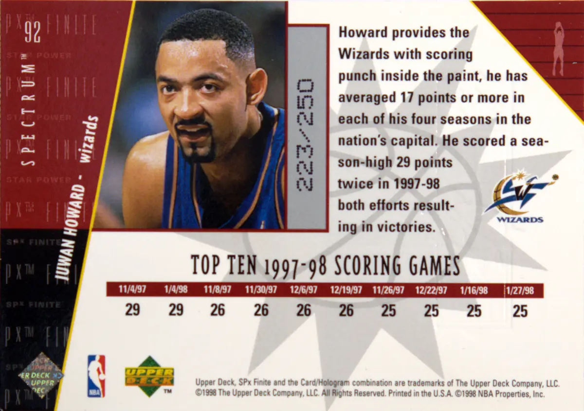 Back view of Juwan Howard 1998-99 SPx Finite #92 showing stats for Washington Wizards