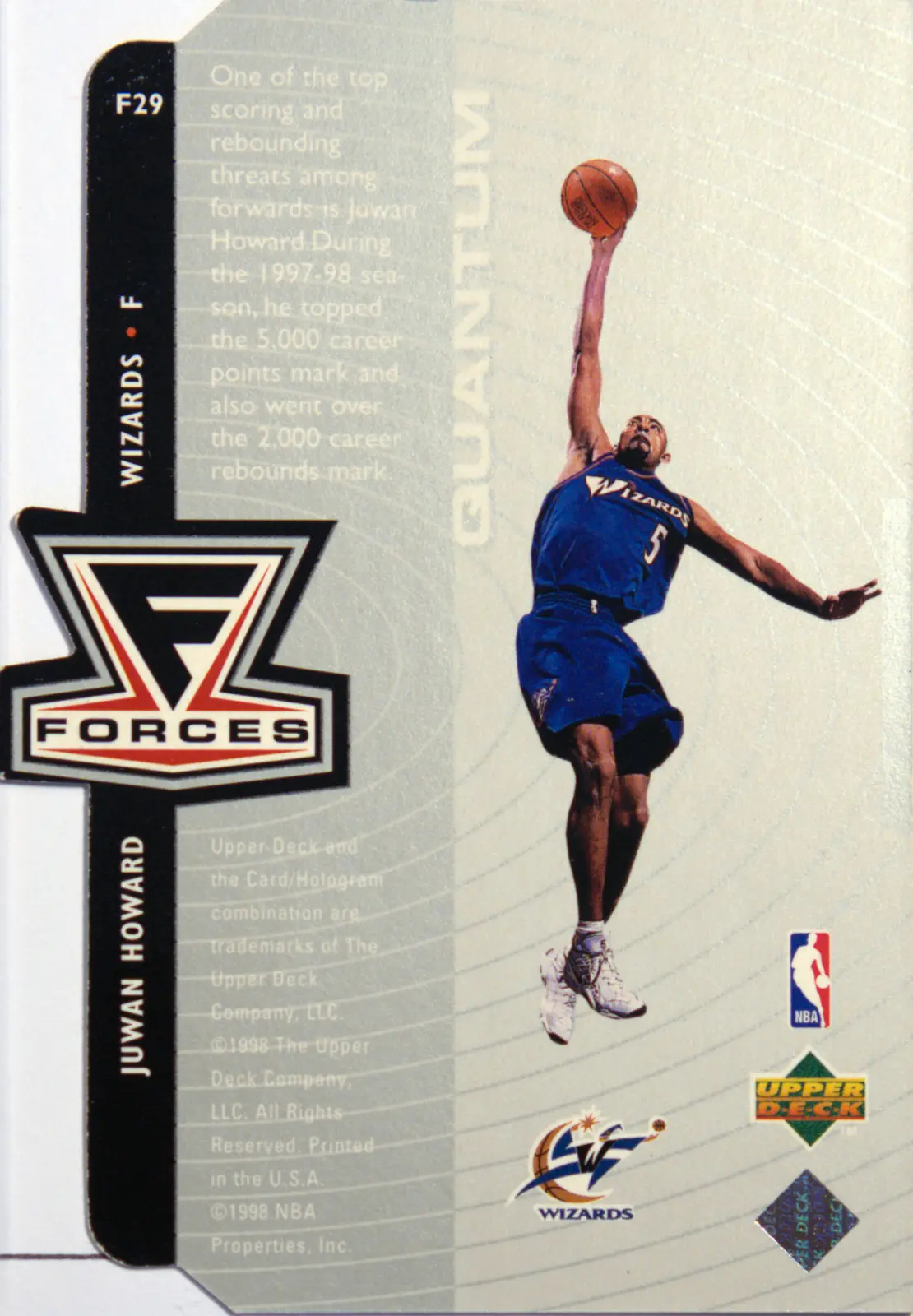 Back scan of Juwan Howard 1998-99 Upper Deck #F29 showing stats for Washington Wizards - Juwan Howard Collector Private Collection
