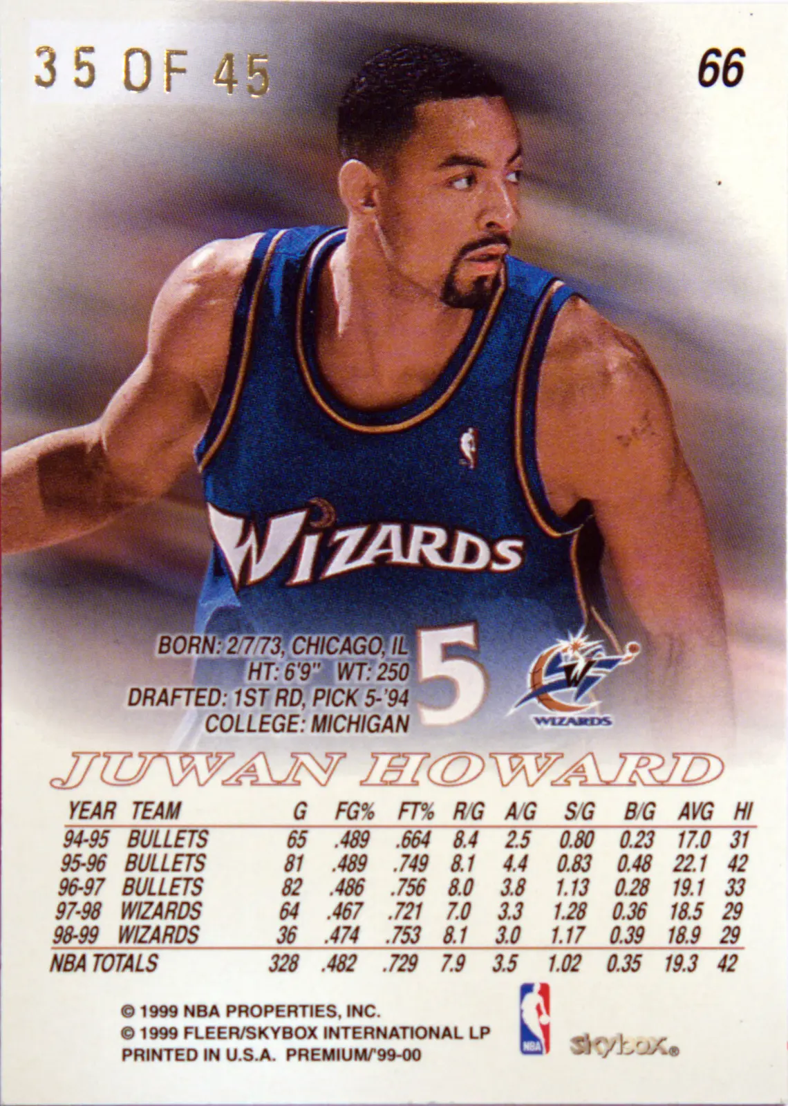 Back view of Juwan Howard 1999-00 SkyBox Premium #66 showing stats for Washington Wizards