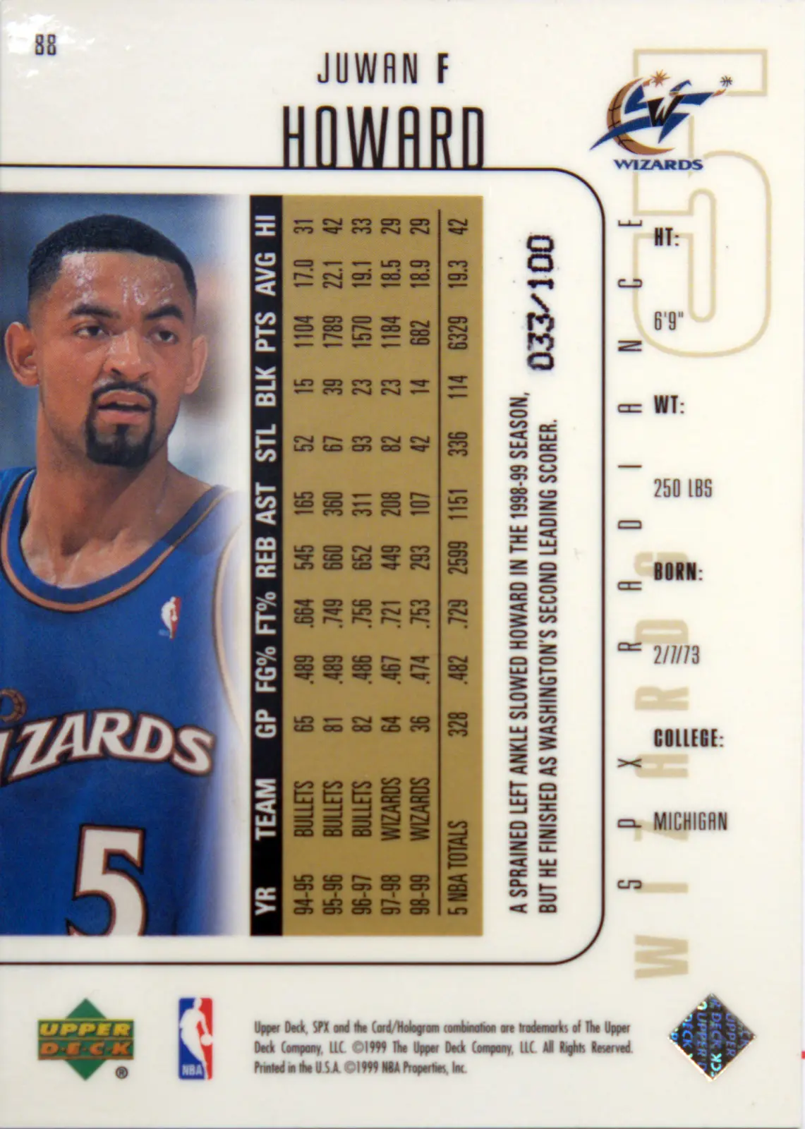 Back view of Juwan Howard 1999-00 SPx #88 showing stats for Washington Wizards