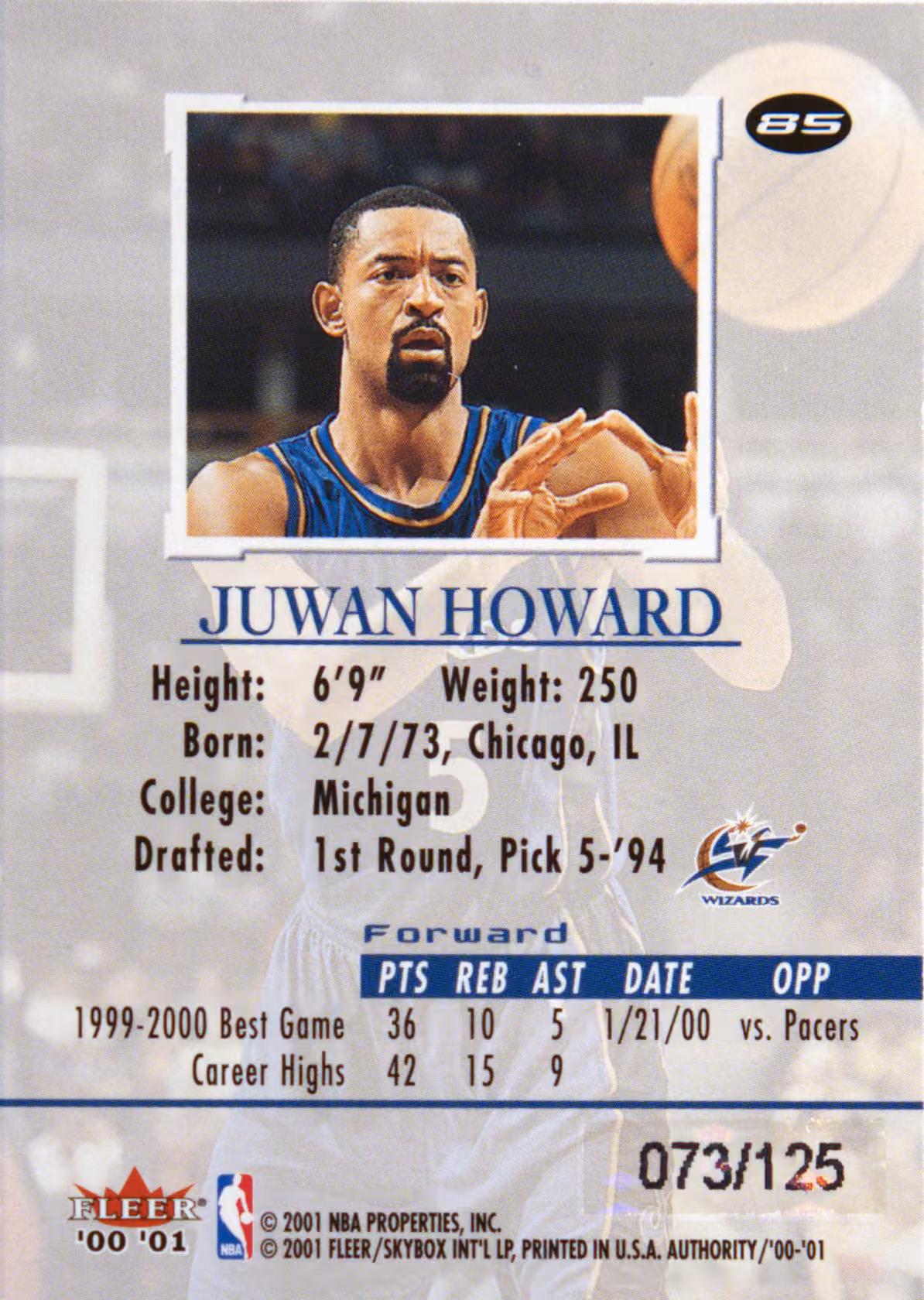 Back scan of 2000-01 Fleer Authority Juwan Howard showing stats for Washington Wizards - Juwan Howard Collector Private Collection