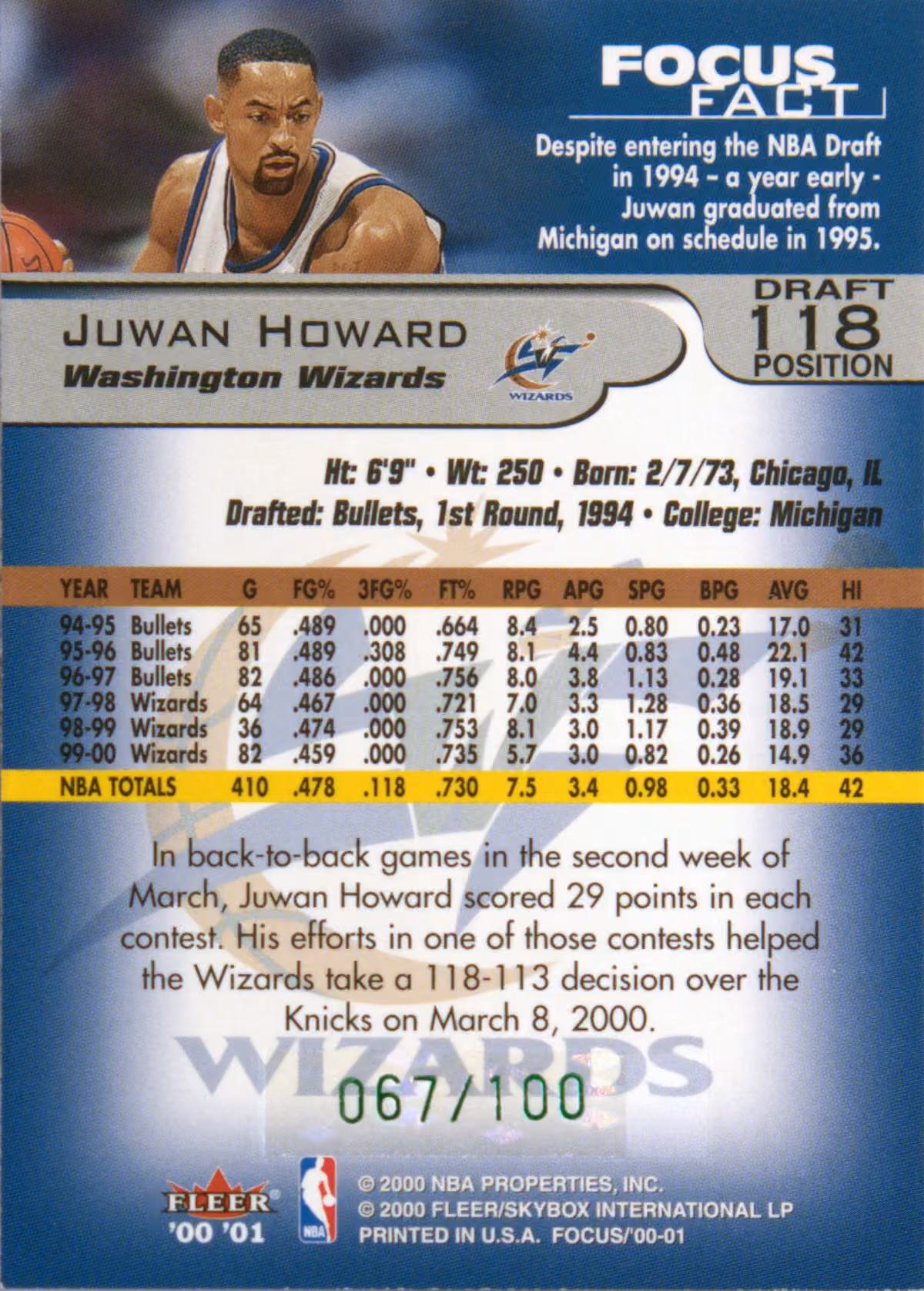 Back scan of 2000-01 Fleer Focus Juwan Howard showing stats for Washington Wizards - Juwan Howard Collector Private Collection
