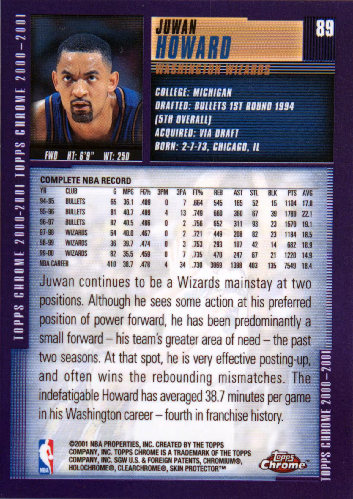 Back scan of 2000-01 Topps Chrome Juwan Howard showing stats for Washington Wizards - Juwan Howard Collector Private Collection