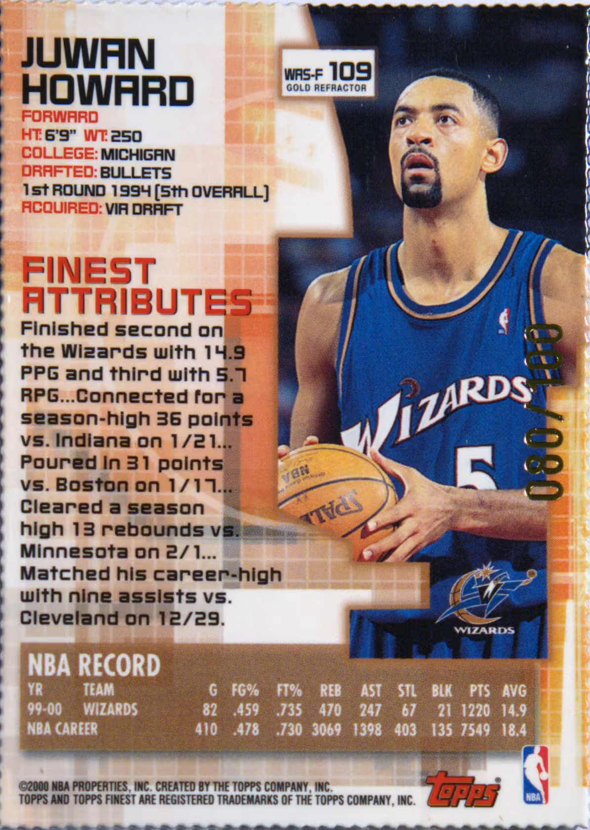 Back scan of 2000-01 Topps Finest Juwan Howard showing stats for Washington Wizards - Juwan Howard Collector Private Collection