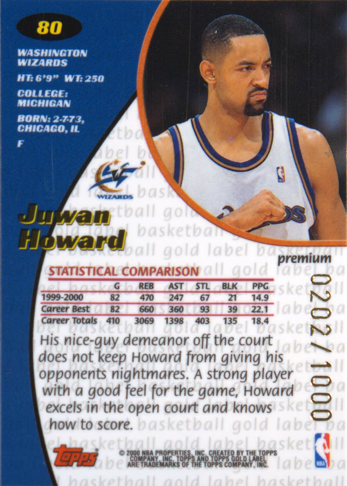 Back scan of 2000-01 Topps Gold Label Juwan Howard showing stats for Washington Wizards - Juwan Howard Collector Private Collection