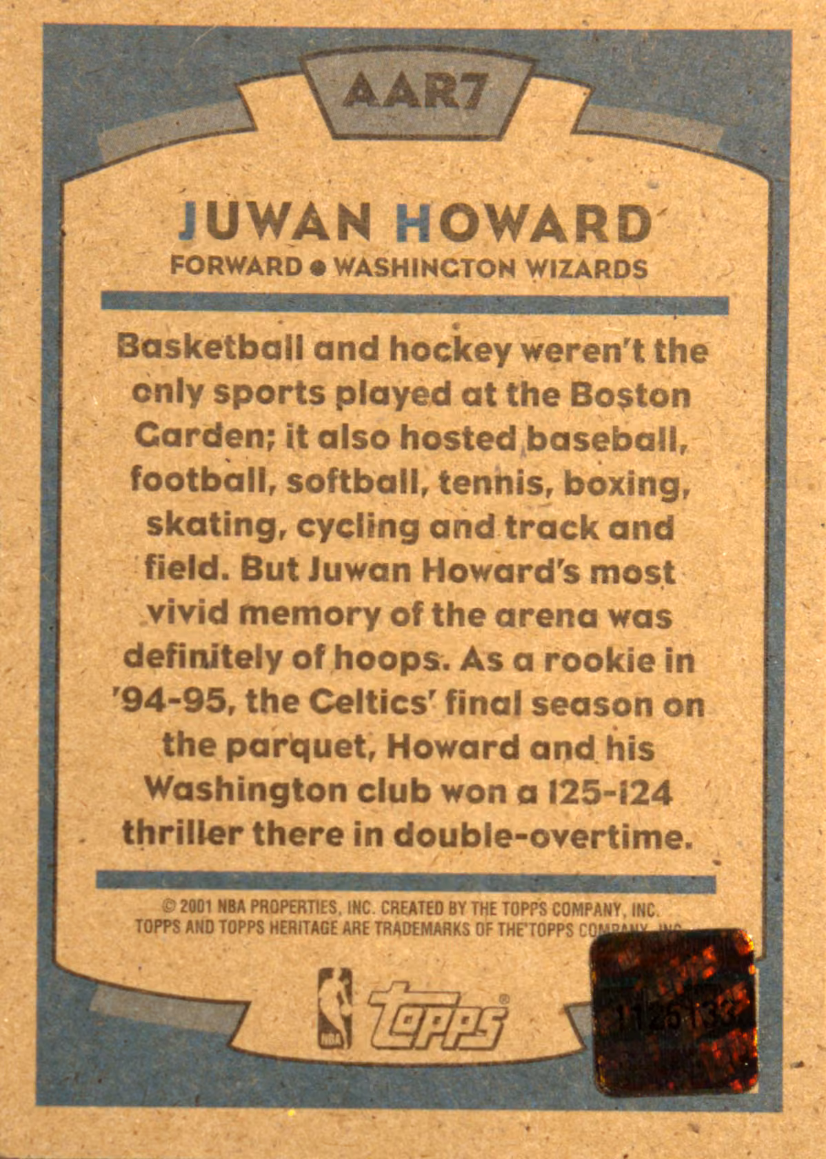 Back scan of 2000-01 Topps Heritage Juwan Howard showing stats for Washington Wizards - Juwan Howard Collector Private Collection