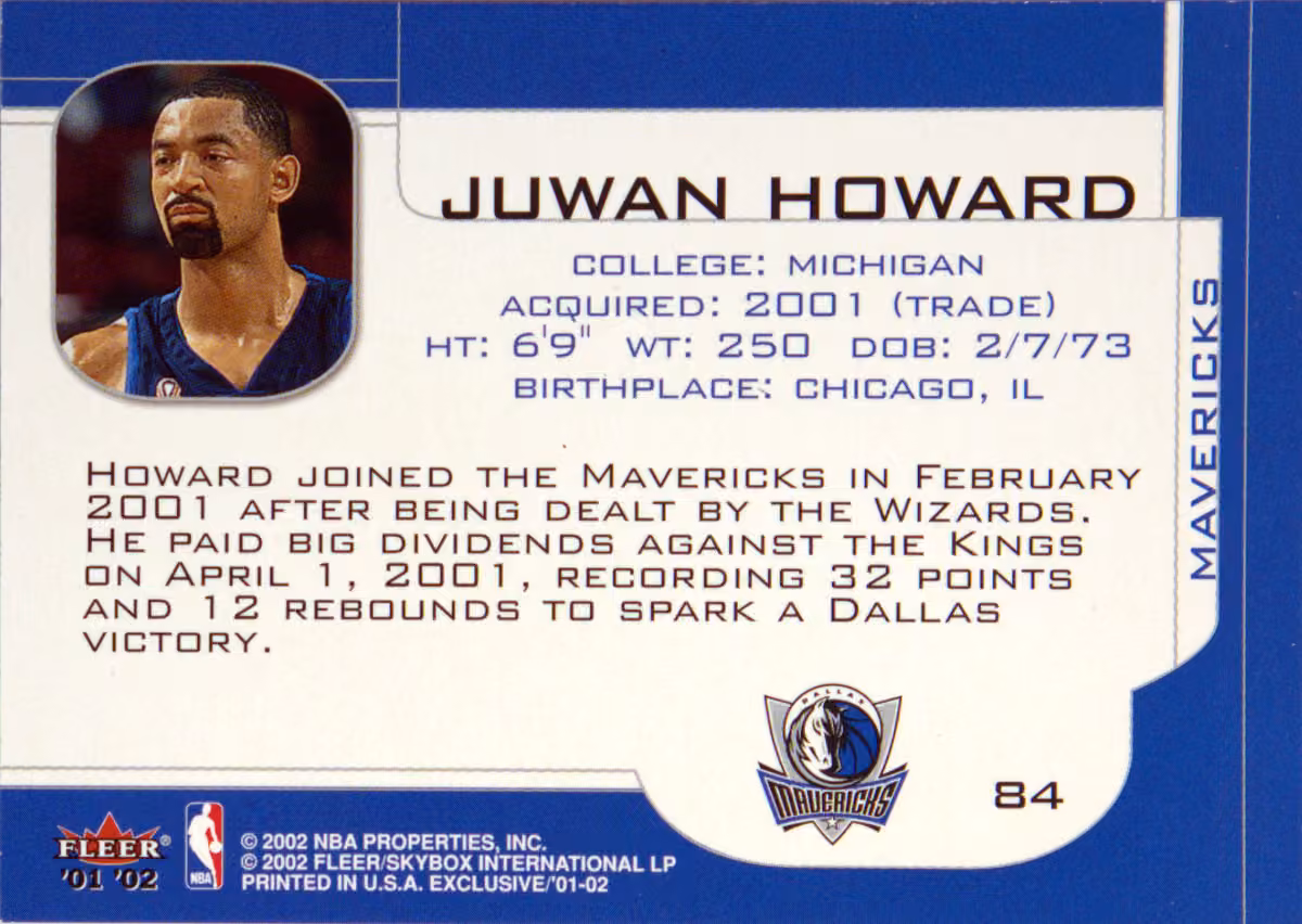 Back scan of 2001-02 Fleer Exclusives Juwan Howard showing stats for Dallas Mavericks - Juwan Howard Collector Private Collection
