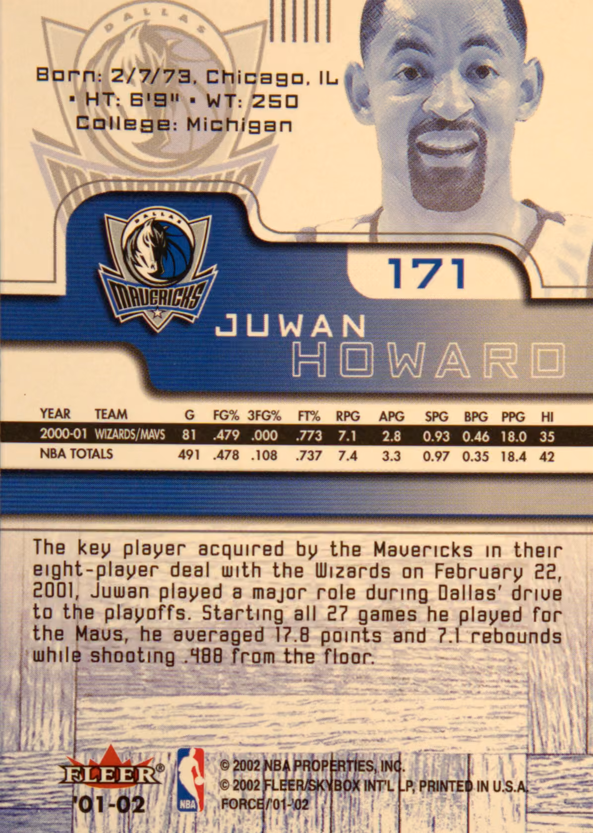 Back scan of 2001-02 Fleer Force Juwan Howard showing stats for Dallas Mavericks - Juwan Howard Collector Private Collection