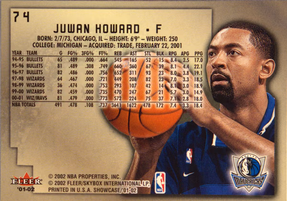 Back scan of 2001-02 Fleer Legacy Juwan Howard showing stats for Dallas Mavericks - Juwan Howard Collector Private Collection