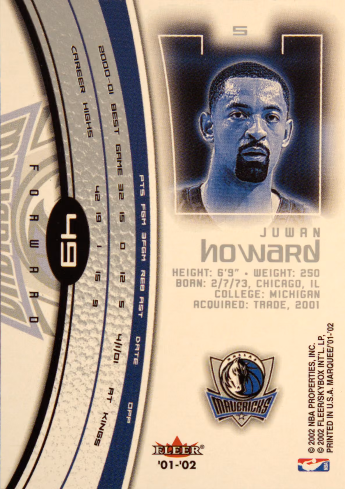 Back scan of 2001-02 Fleer Marquee Juwan Howard showing stats for Dallas Mavericks - Juwan Howard Collector Private Collection