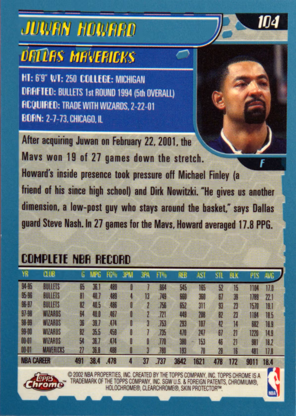 Back scan of 2001-02 Topps Chrome Juwan Howard showing stats for Dallas Mavericks - Juwan Howard Collector Private Collection