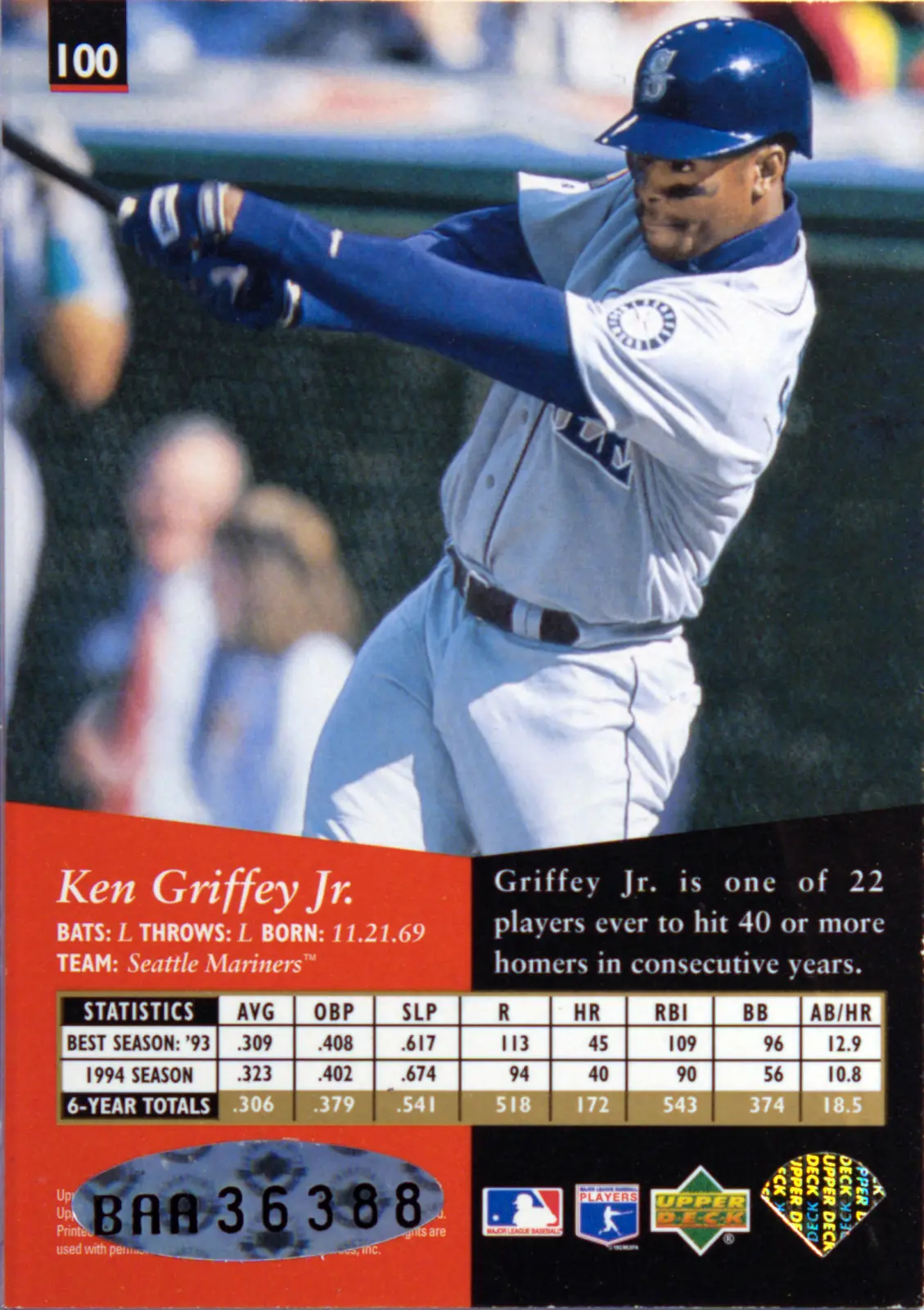 Back scan of Ken Griffey Jr. 2001 SP #100 showing stats for Seattle Mariners - Ken Griffey Jr. Collector Private Collection