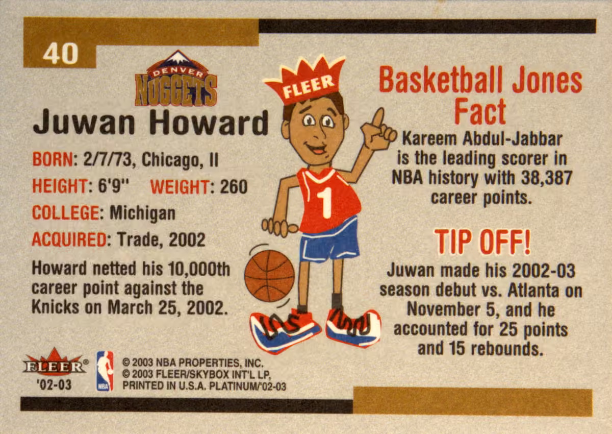 Back scan of 2002-03 Fleer Platinum Juwan Howard showing stats for Denver Nuggets - Juwan Howard Collector Private Collection