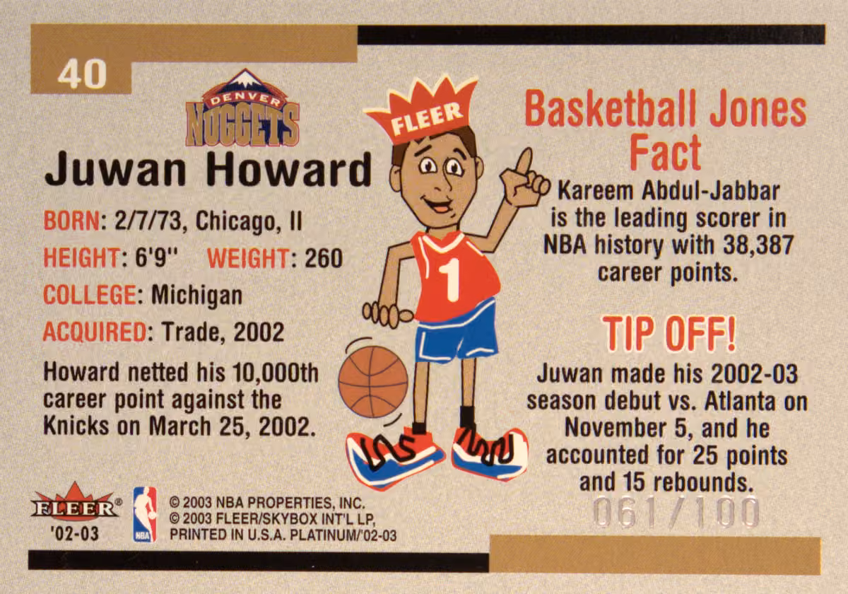 Back scan of 2002-03 Fleer Platinum Juwan Howard showing stats for Denver Nuggets - Juwan Howard Collector Private Collection