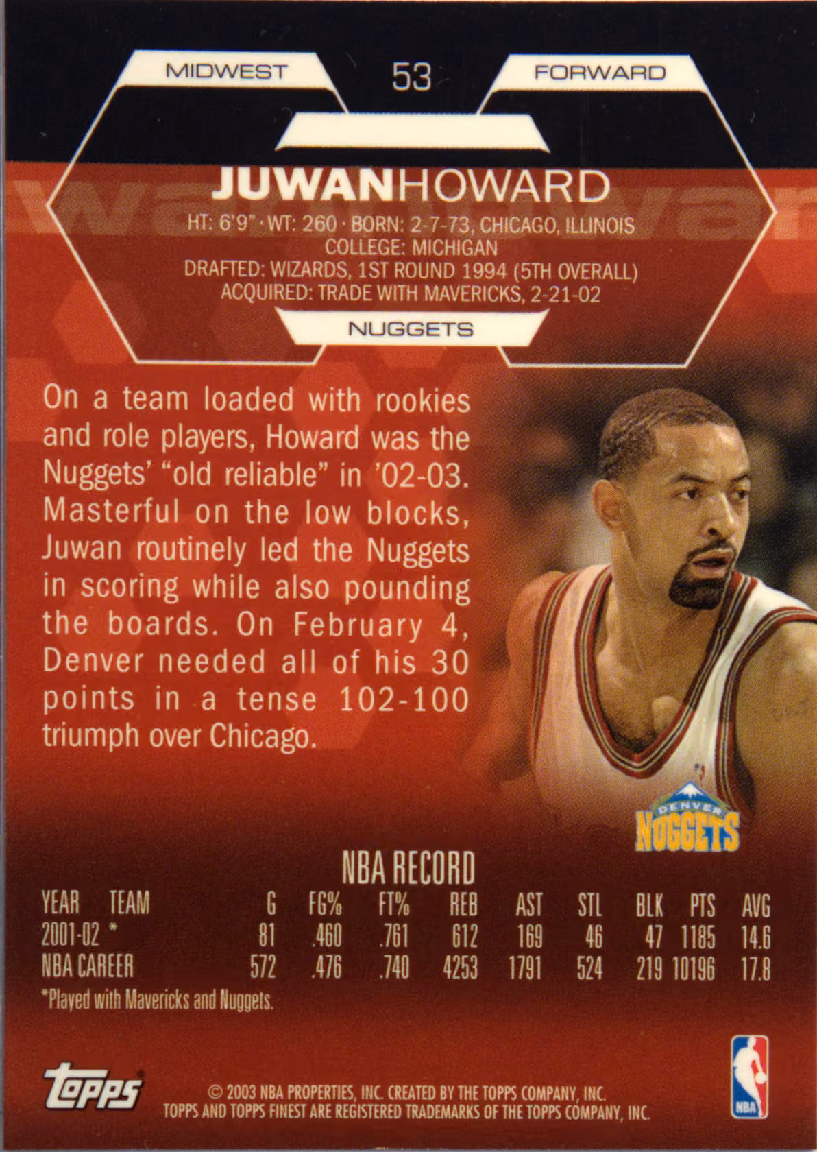 Back scan of 2002-03 Topps Finest Juwan Howard showing stats for Denver Nuggets - Juwan Howard Collector Private Collection