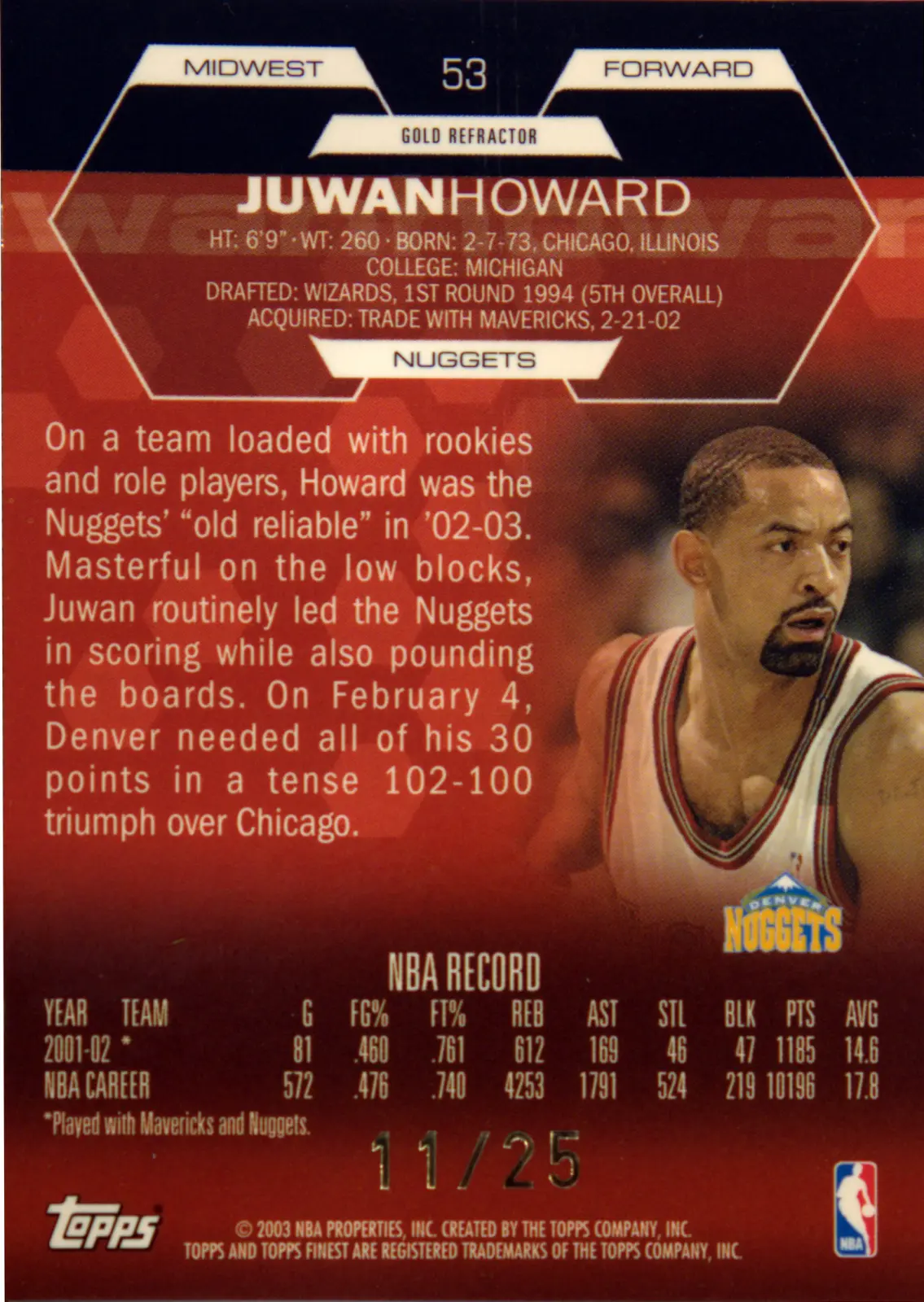 Back view of Juwan Howard 2002-03 Topps Finest #53 showing stats for Denver Nuggets