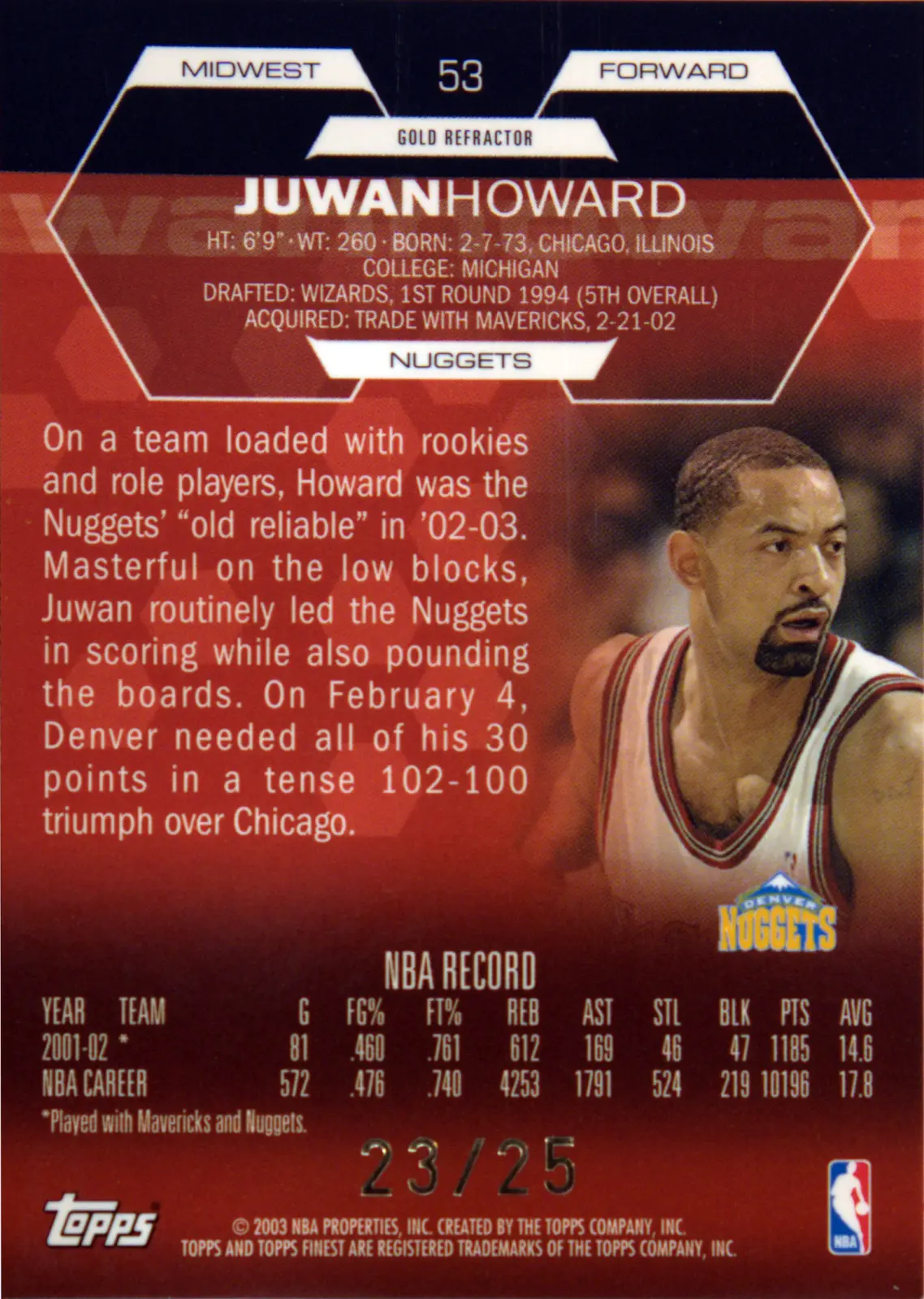 Back view of Juwan Howard 2002-03 Topps Finest #53 showing stats for Denver Nuggets
