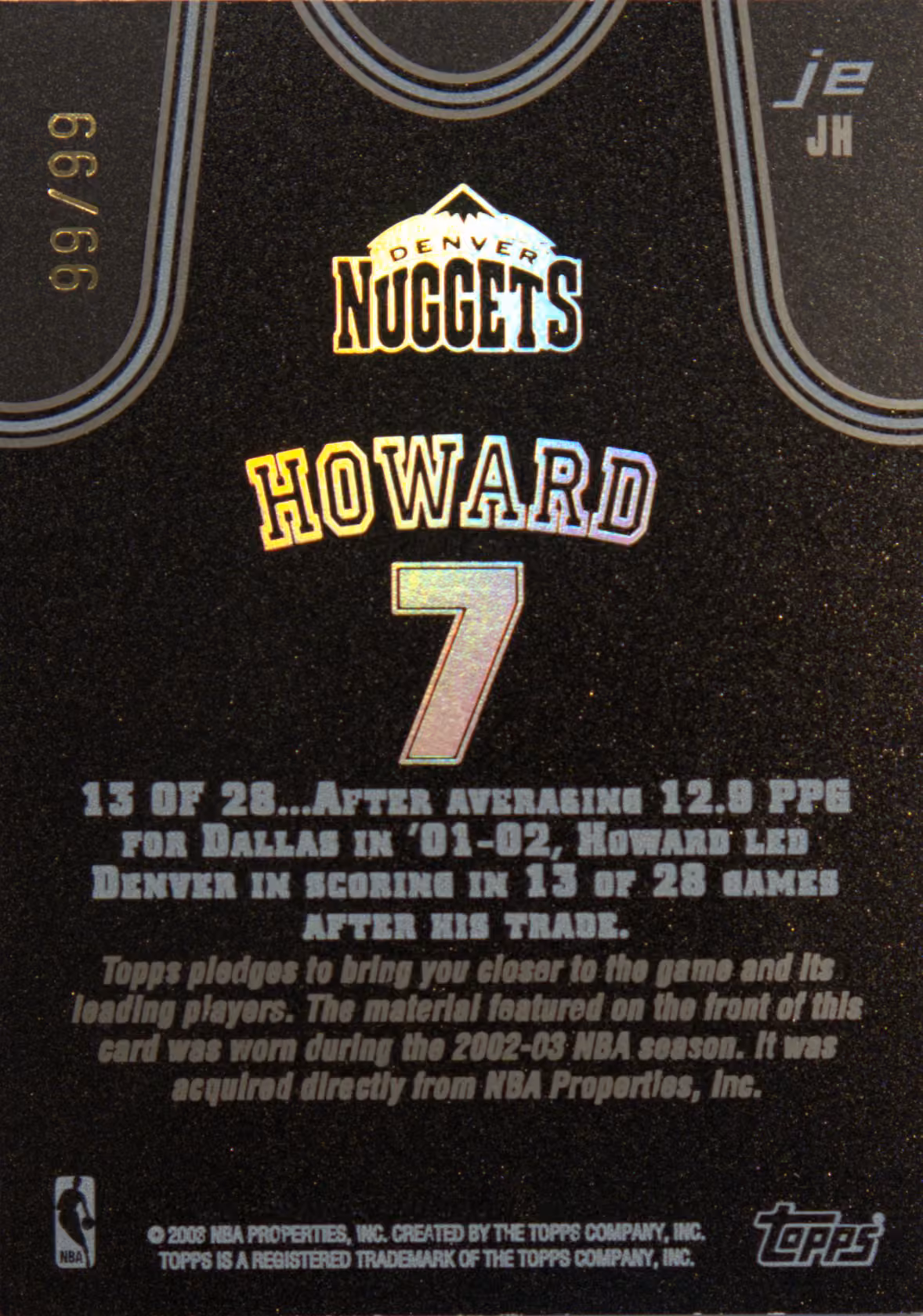 Back scan of 2002-03 Topps Jersey Edition Juwan Howard showing stats for Denver Nuggets - Juwan Howard Collector Private Collection