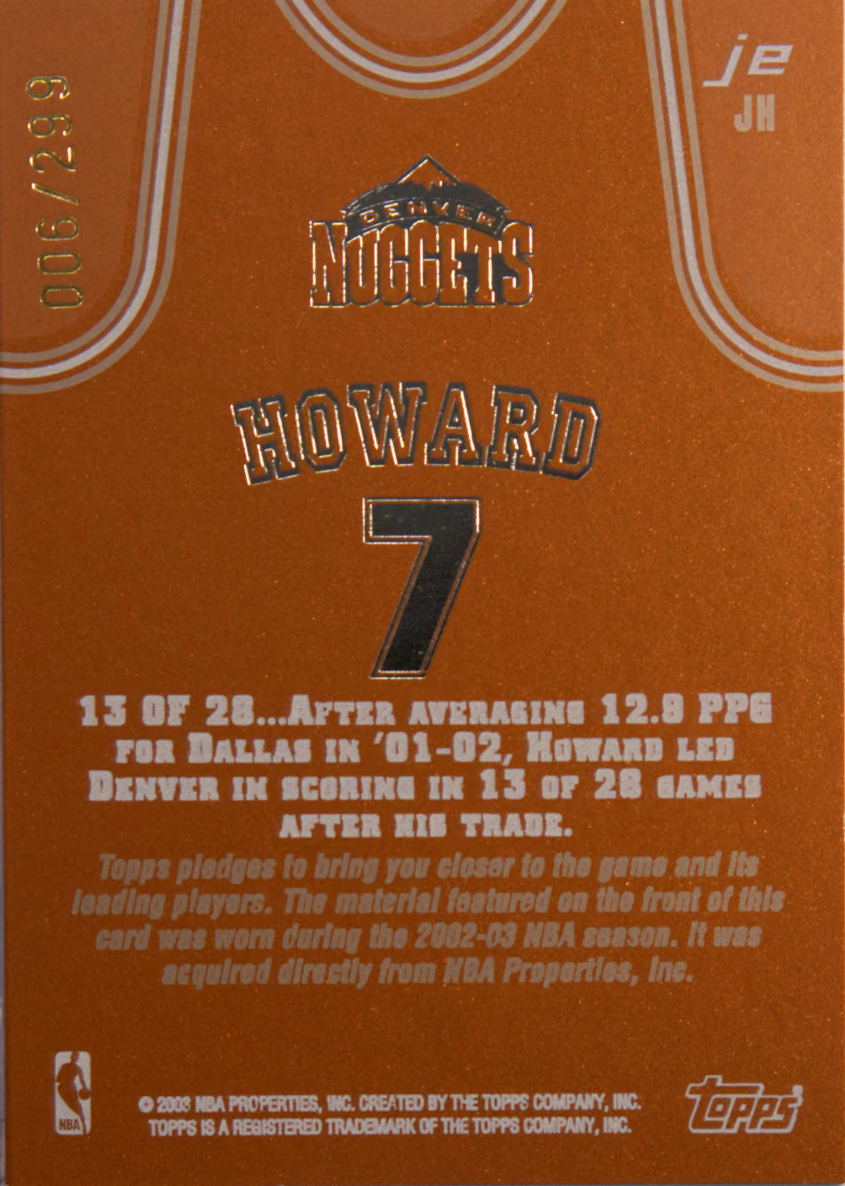 Back scan of 2002-03 Topps Jersey Edition Juwan Howard showing stats for Denver Nuggets - Juwan Howard Collector Private Collection