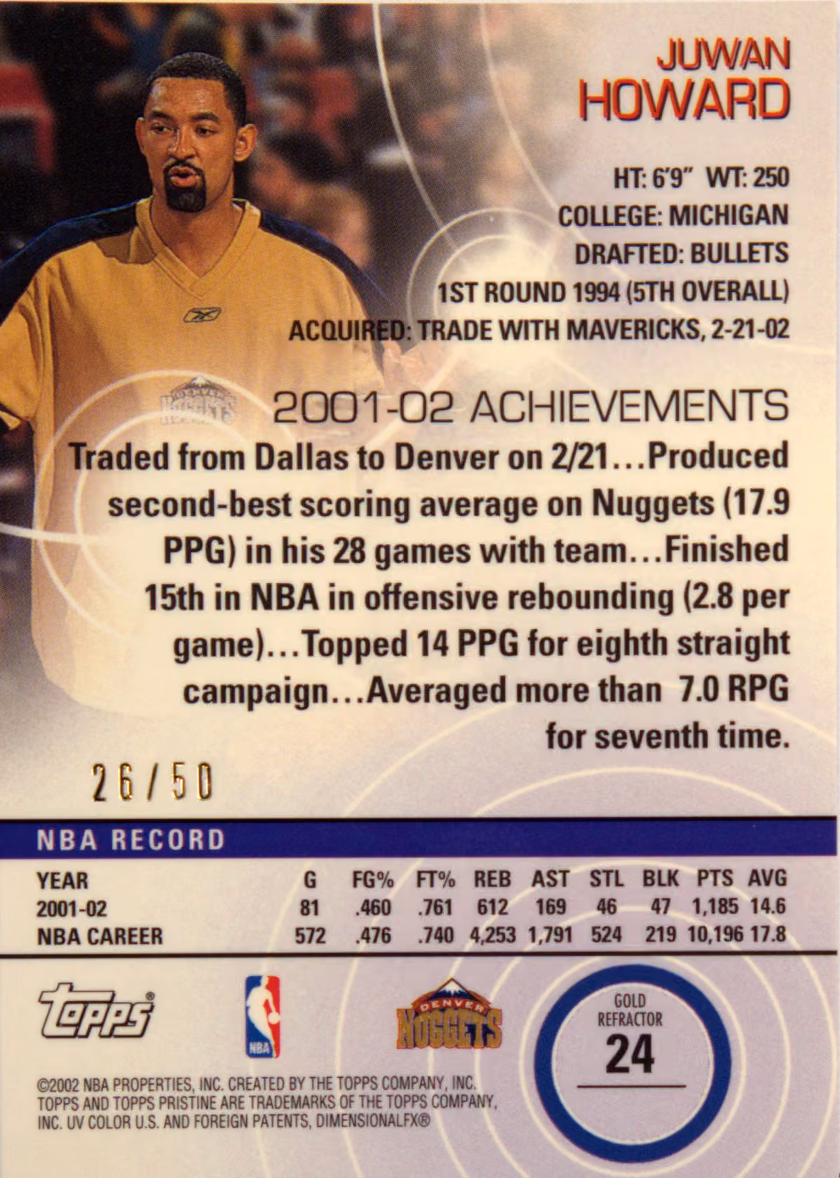 Back scan of 2002-03 Topps Pristine Juwan Howard showing stats for Denver Nuggets - Juwan Howard Collector Private Collection