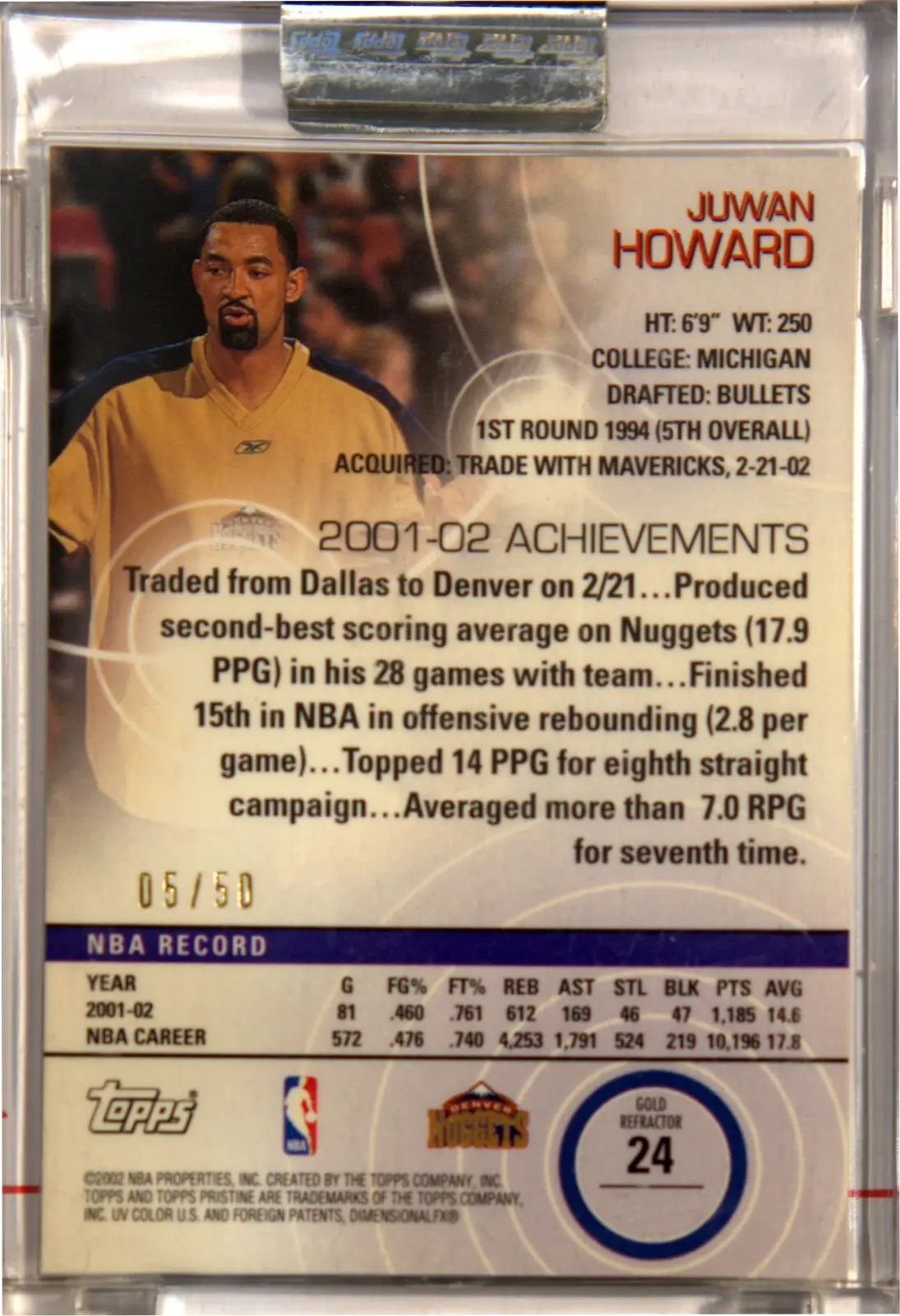 Back view of Juwan Howard 2002-03 Topps Pristine #24 showing stats for Denver Nuggets