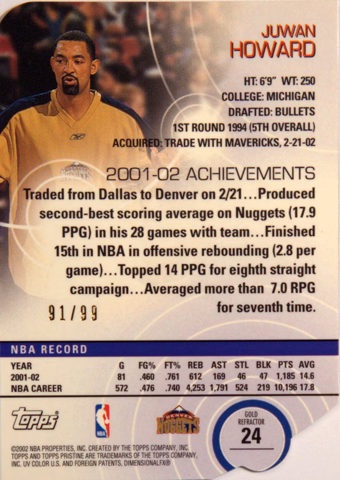 Back scan of 2002-03 Topps Pristine Juwan Howard showing stats for Denver Nuggets - Juwan Howard Collector Private Collection
