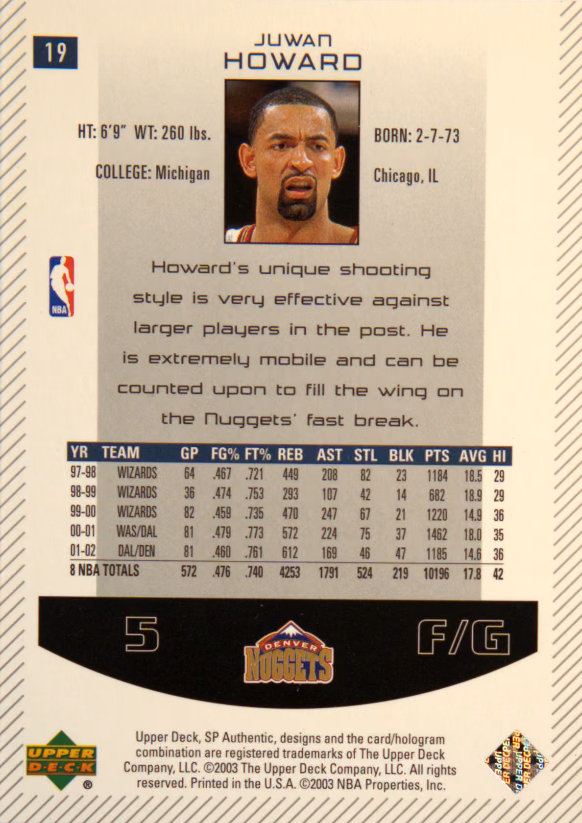 Back scan of 2002-03 SP Authentic Juwan Howard showing stats for Denver Nuggets - Juwan Howard Collector Private Collection
