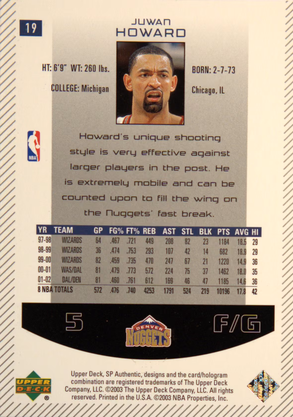 Back scan of 2002-03 SP Authentic Juwan Howard showing stats for Denver Nuggets - Juwan Howard Collector Private Collection