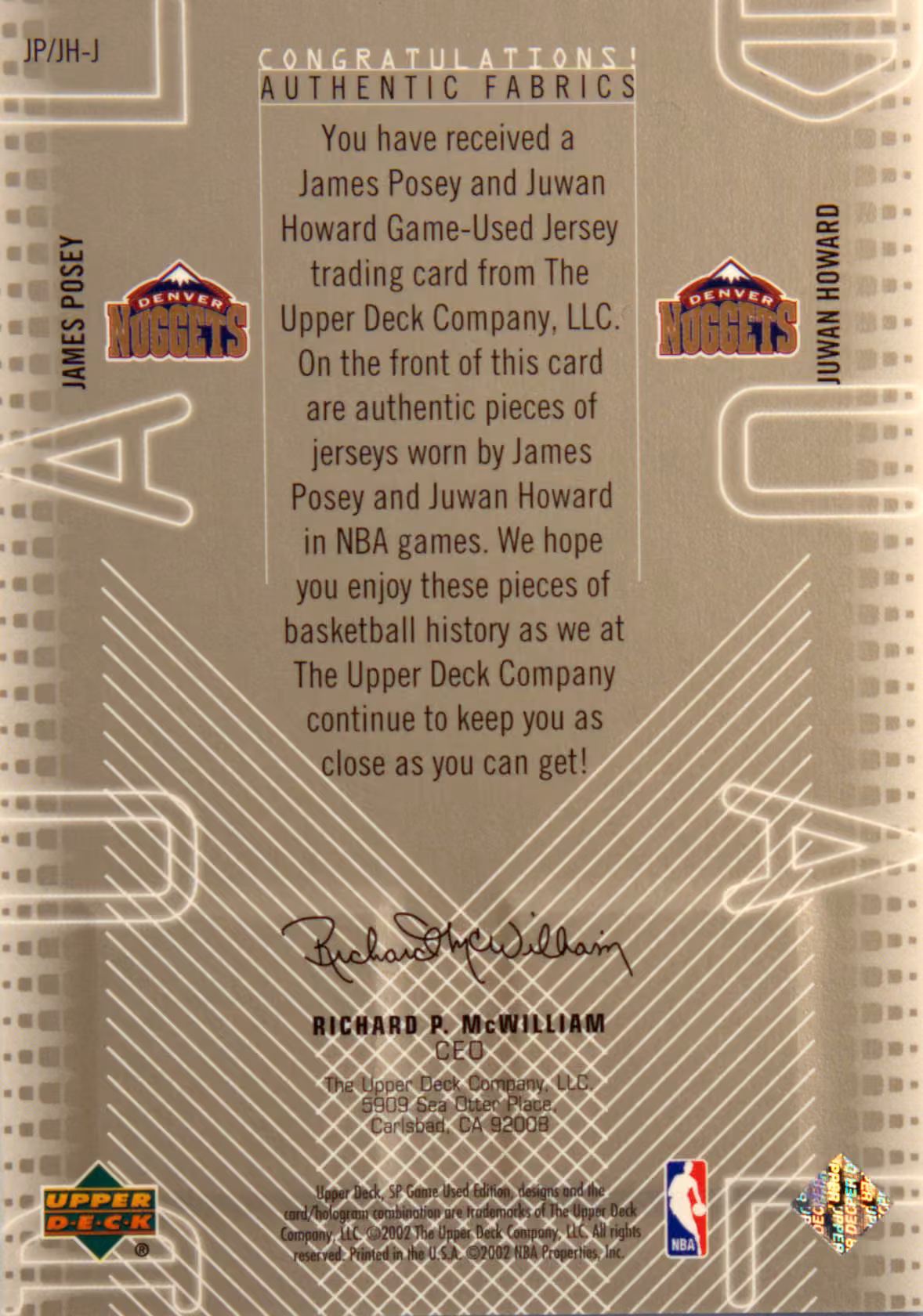 Back scan of 2002-03 SP Game Used Edition Juwan Howard showing stats for Denver Nuggets - Juwan Howard Collector Private Collection