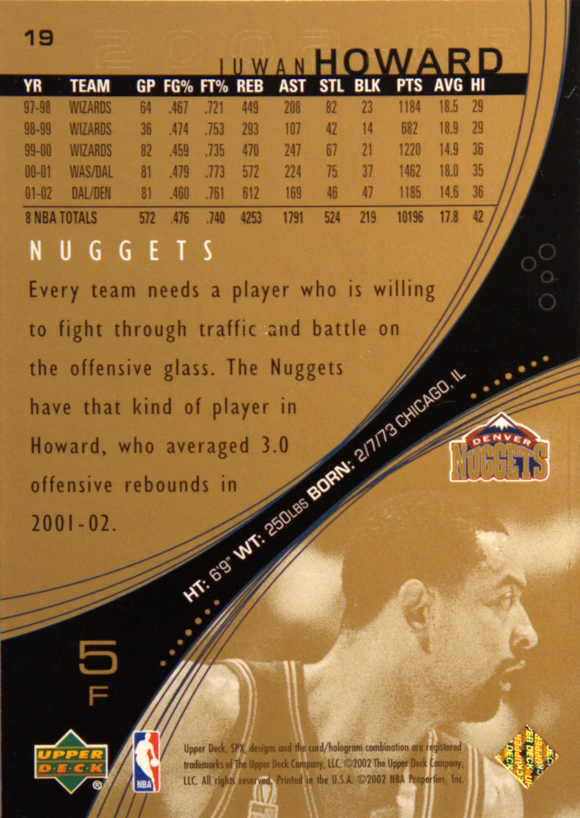 Back scan of 2002-03 SPx Juwan Howard showing stats for Denver Nuggets - Juwan Howard Collector Private Collection