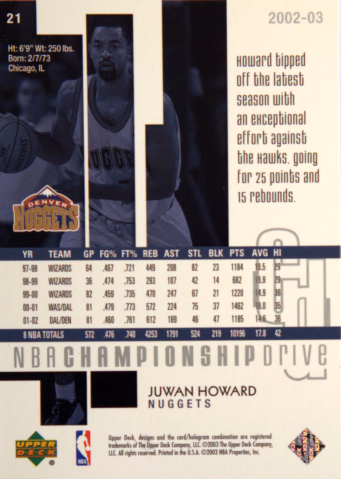 Back scan of 2002-03 UD Championship Drive Juwan Howard showing stats for Denver Nuggets - Juwan Howard Collector Private Collection