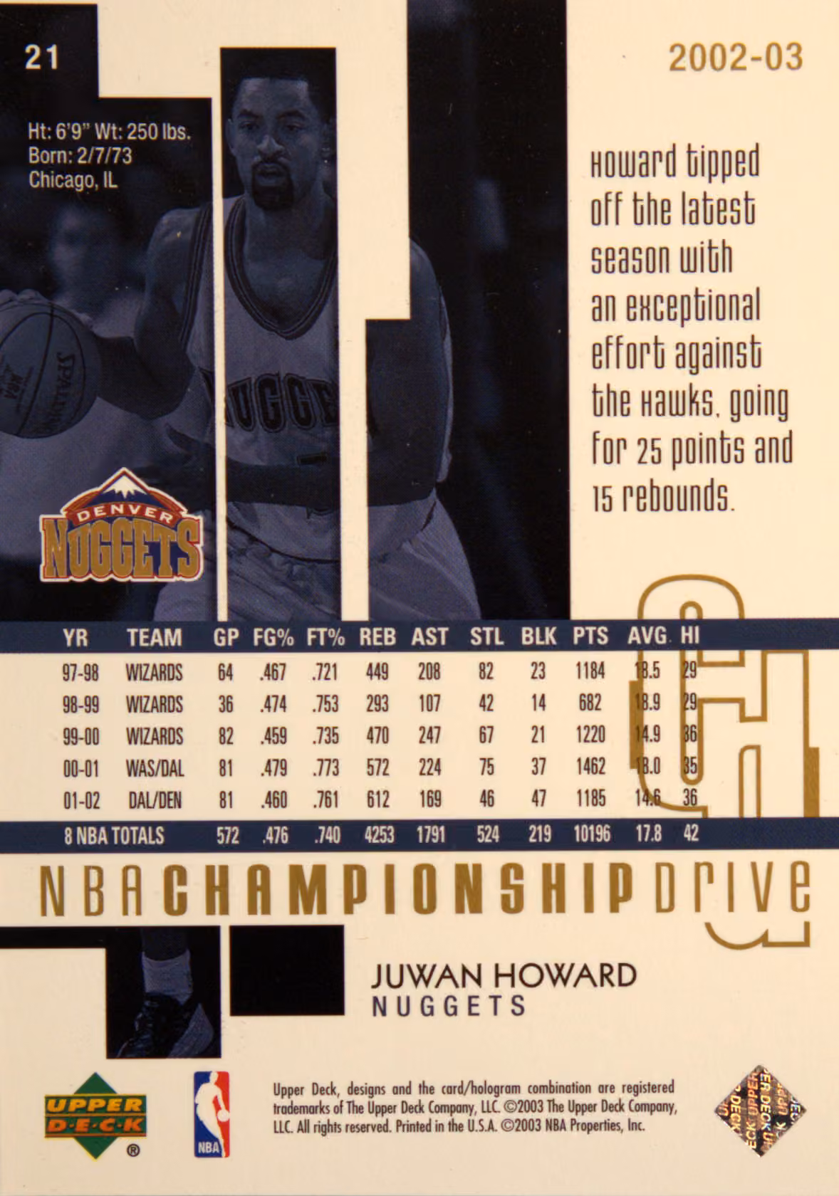 Back scan of 2002-03 UD Championship Drive Juwan Howard showing stats for Denver Nuggets - Juwan Howard Collector Private Collection