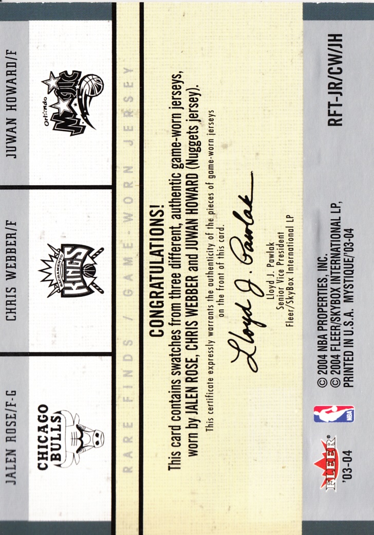 Back view of Juwan Howard 2003-04 Fleer Mystique #RFT-JR/CW/JH showing stats for Orlando Magic