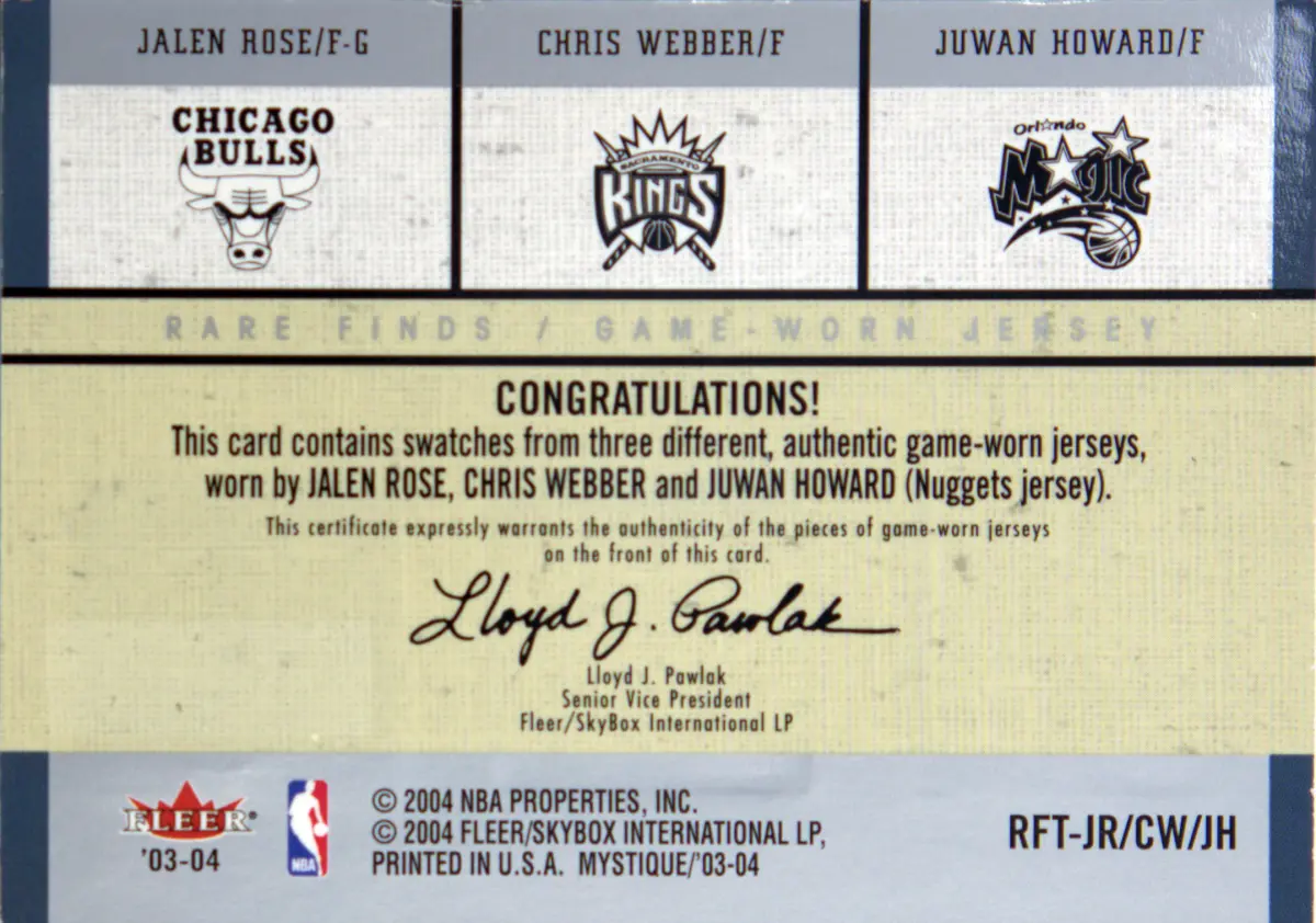 Back view of Juwan Howard 2003-04 Fleer Mystique #RFT-JR/CW/JH showing stats for Orlando Magic