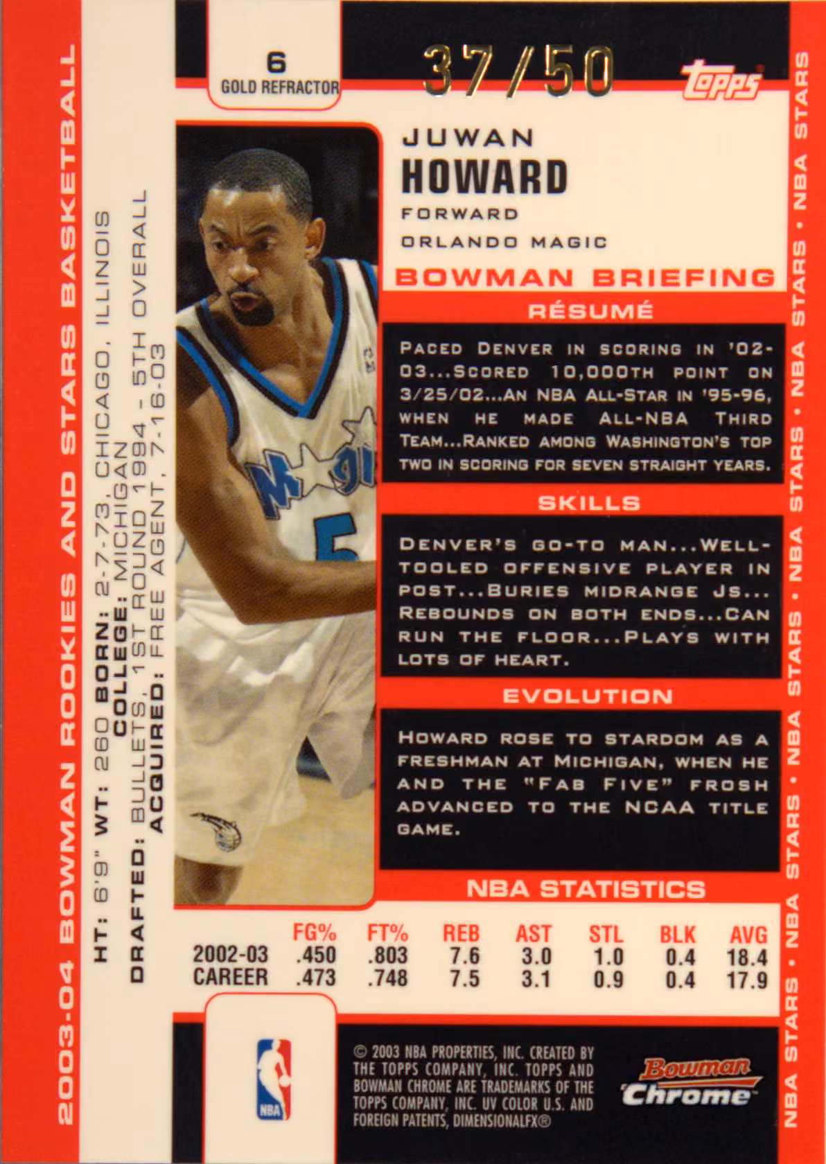Back scan of 2003-04 Topps Bowman's Best Juwan Howard showing stats for Orlando Magic - Juwan Howard Collector Private Collection