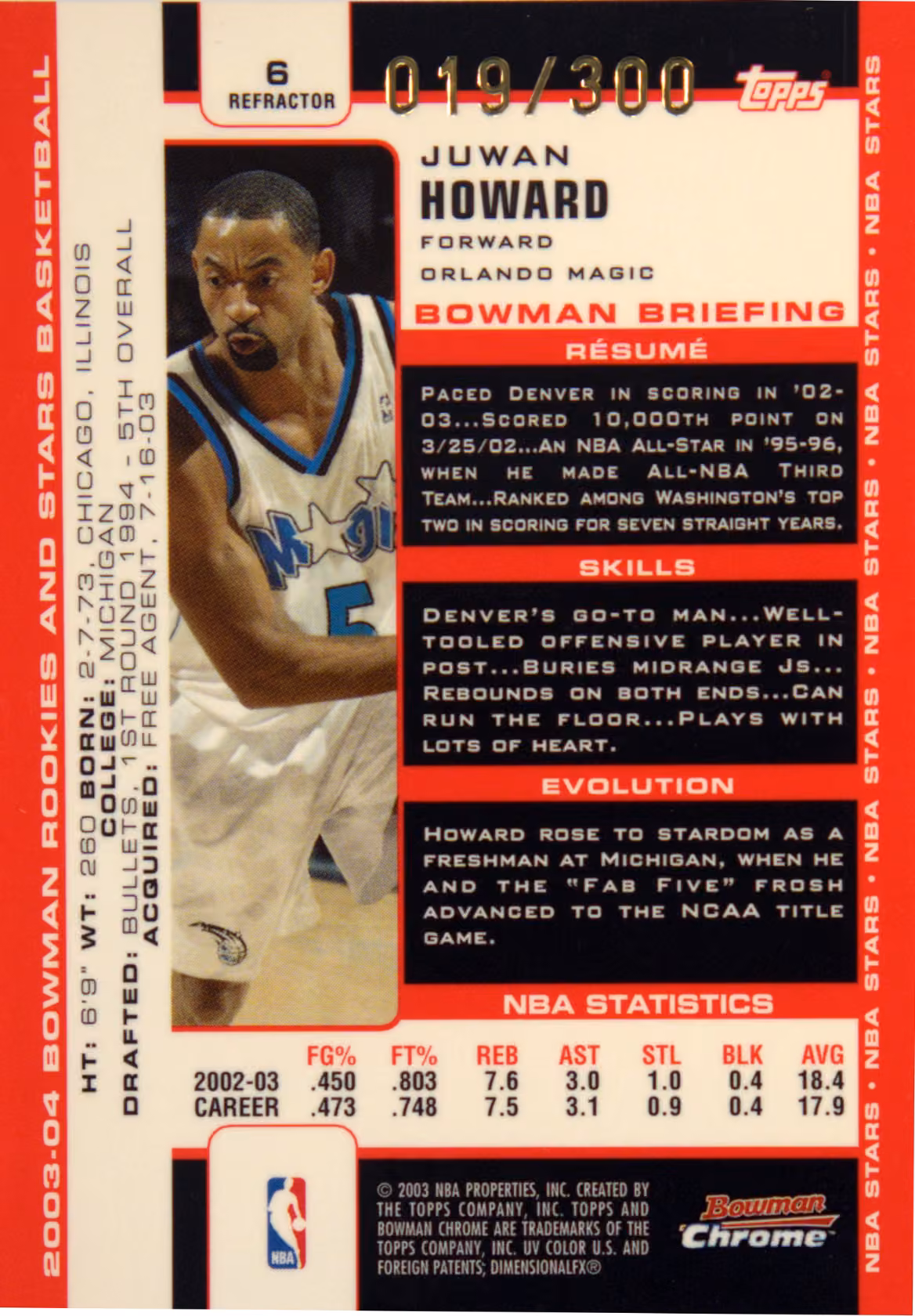 Back scan of 2003-04 Topps Bowman's Best Juwan Howard showing stats for Orlando Magic - Juwan Howard Collector Private Collection